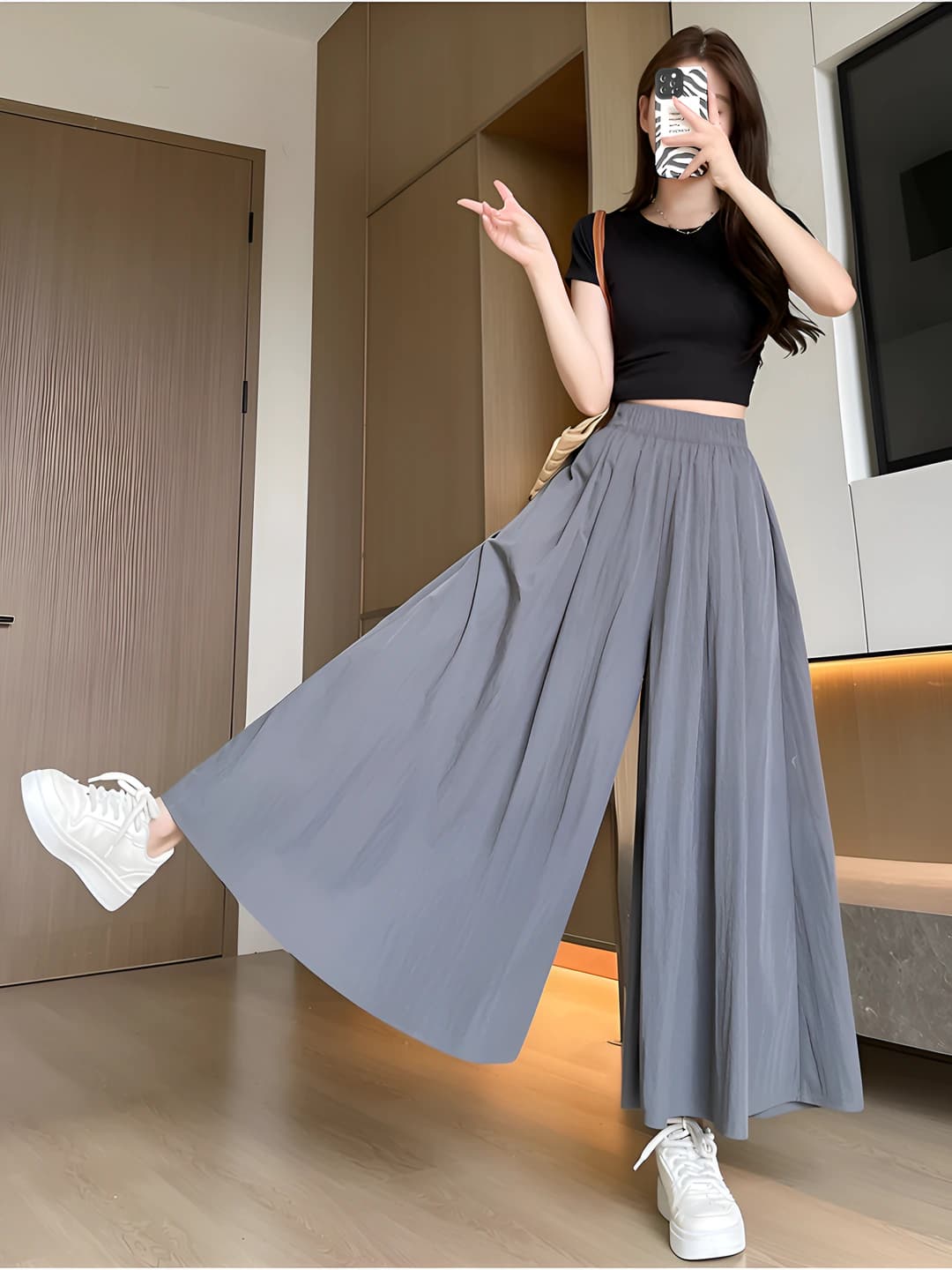 Women's summer 2026 high waist slimming A-line skort, casual ankle-length wide-leg trousers in ice-silk fabric for petite