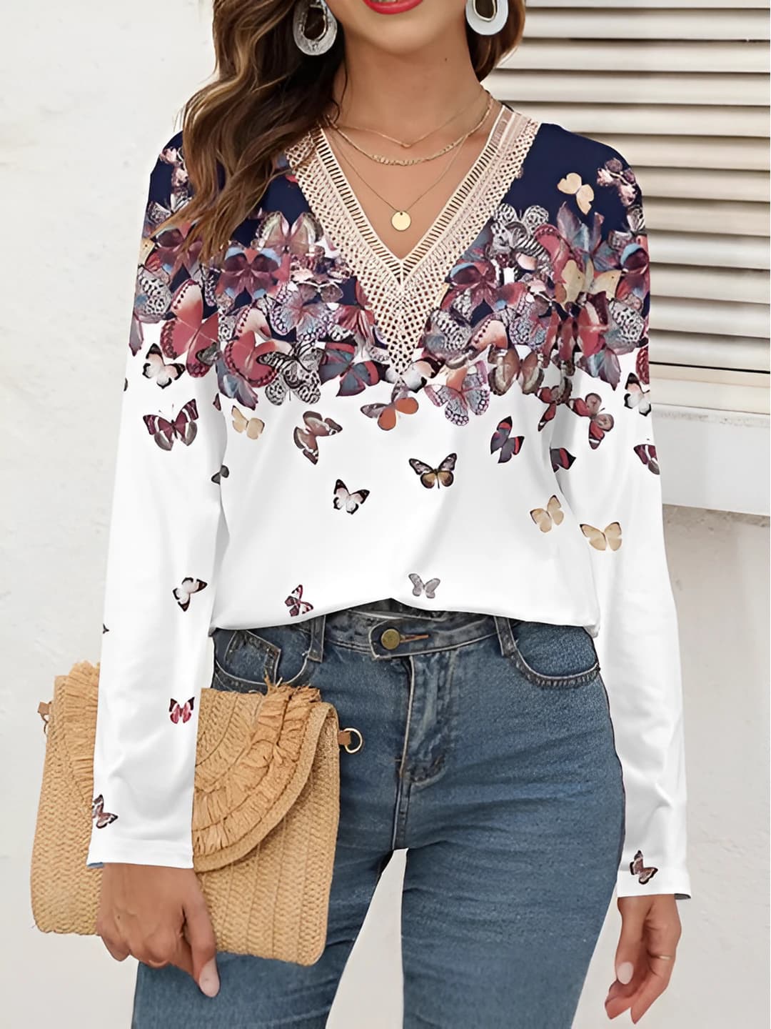 Women's long-sleeve top, V-neck, printed, lace, t-shirt