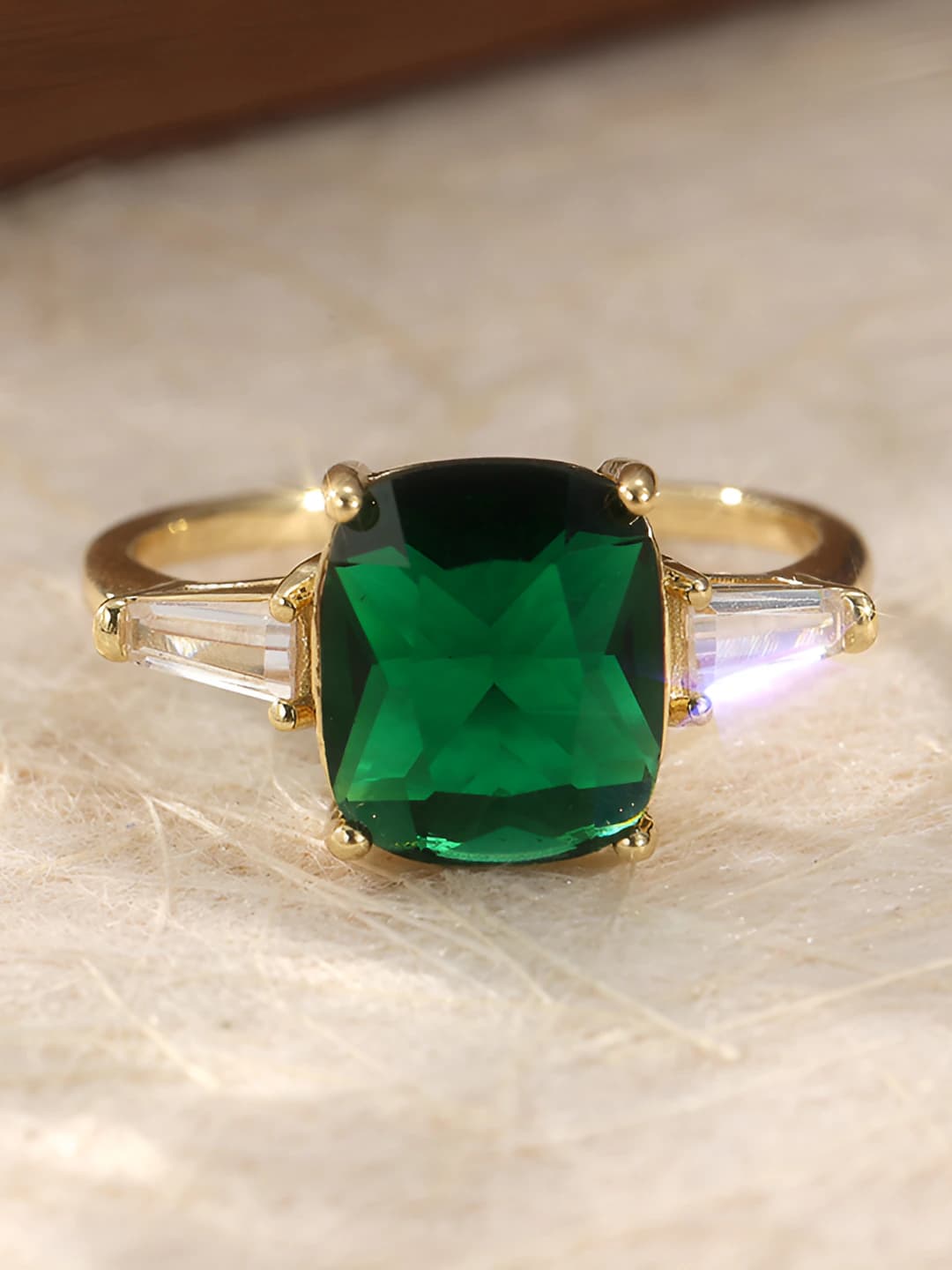 Women's ring, set of 2, bronze, hand-set green square synthetic zircon, heart shape, for engagement