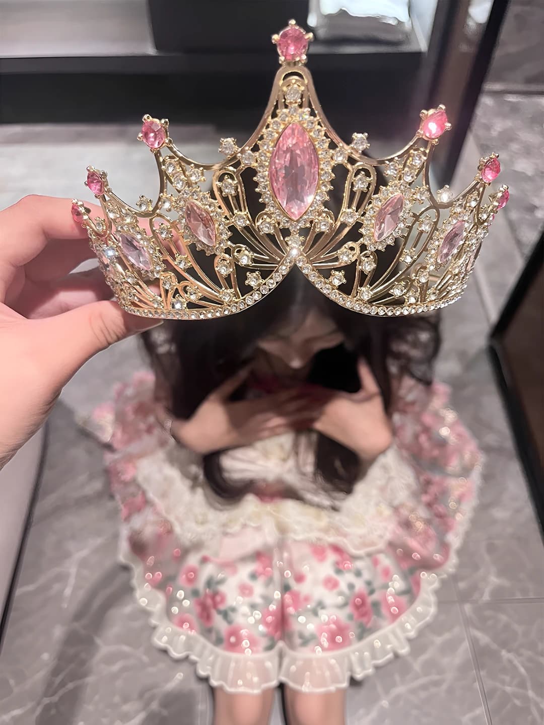 Women's handmade princess style tiara crown with rose quartz crystal