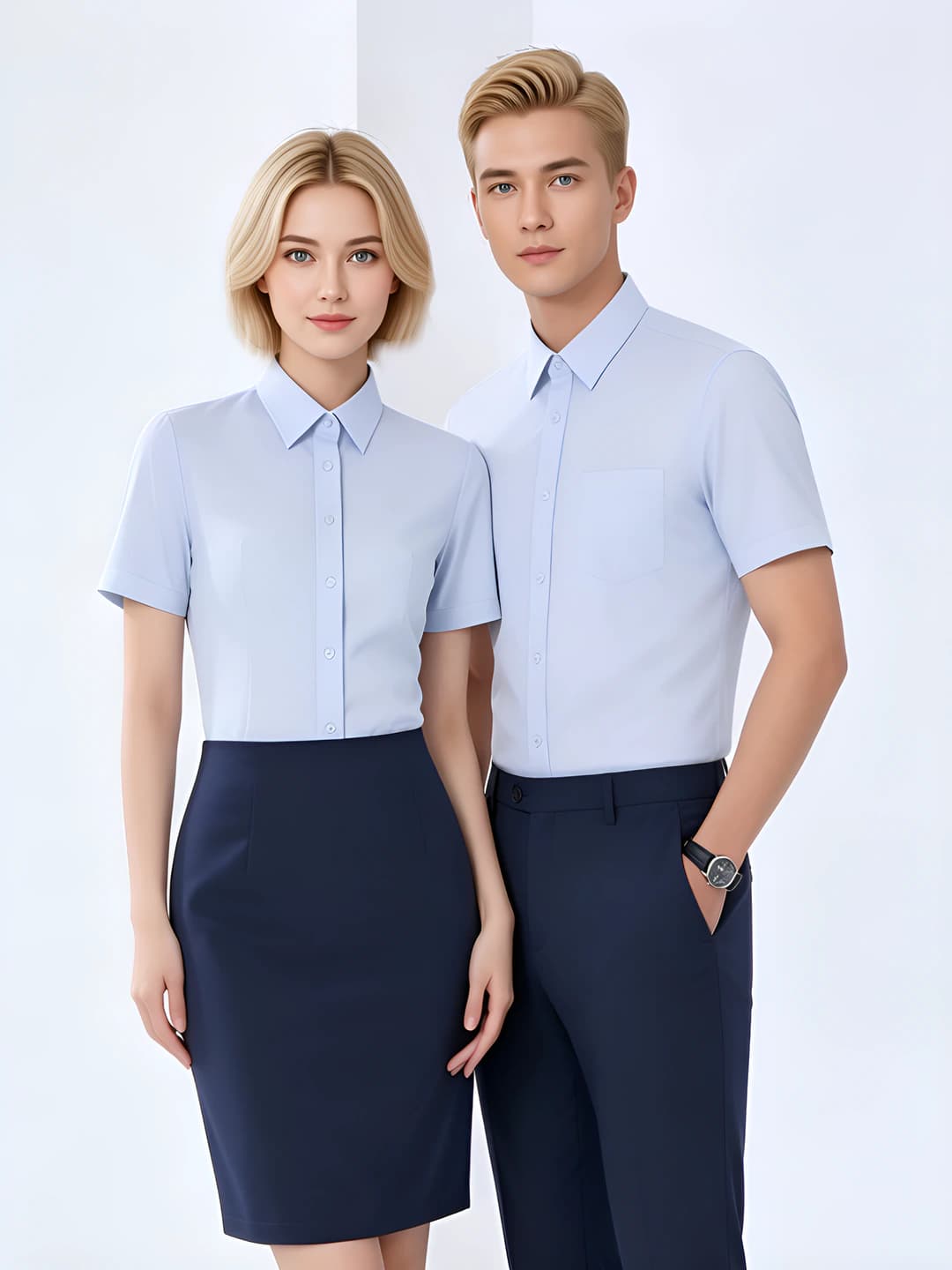 Women's uniform blouse: summer short sleeve, solid colour, 50-70% polyester and 30-50% cotton blend, regular fit, square collar, button closure