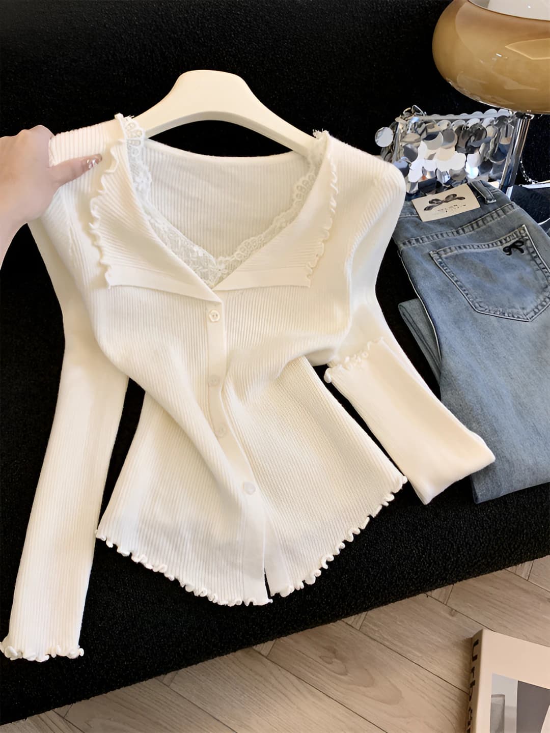 Women's spring lace V-neck slim fit knit cardigan