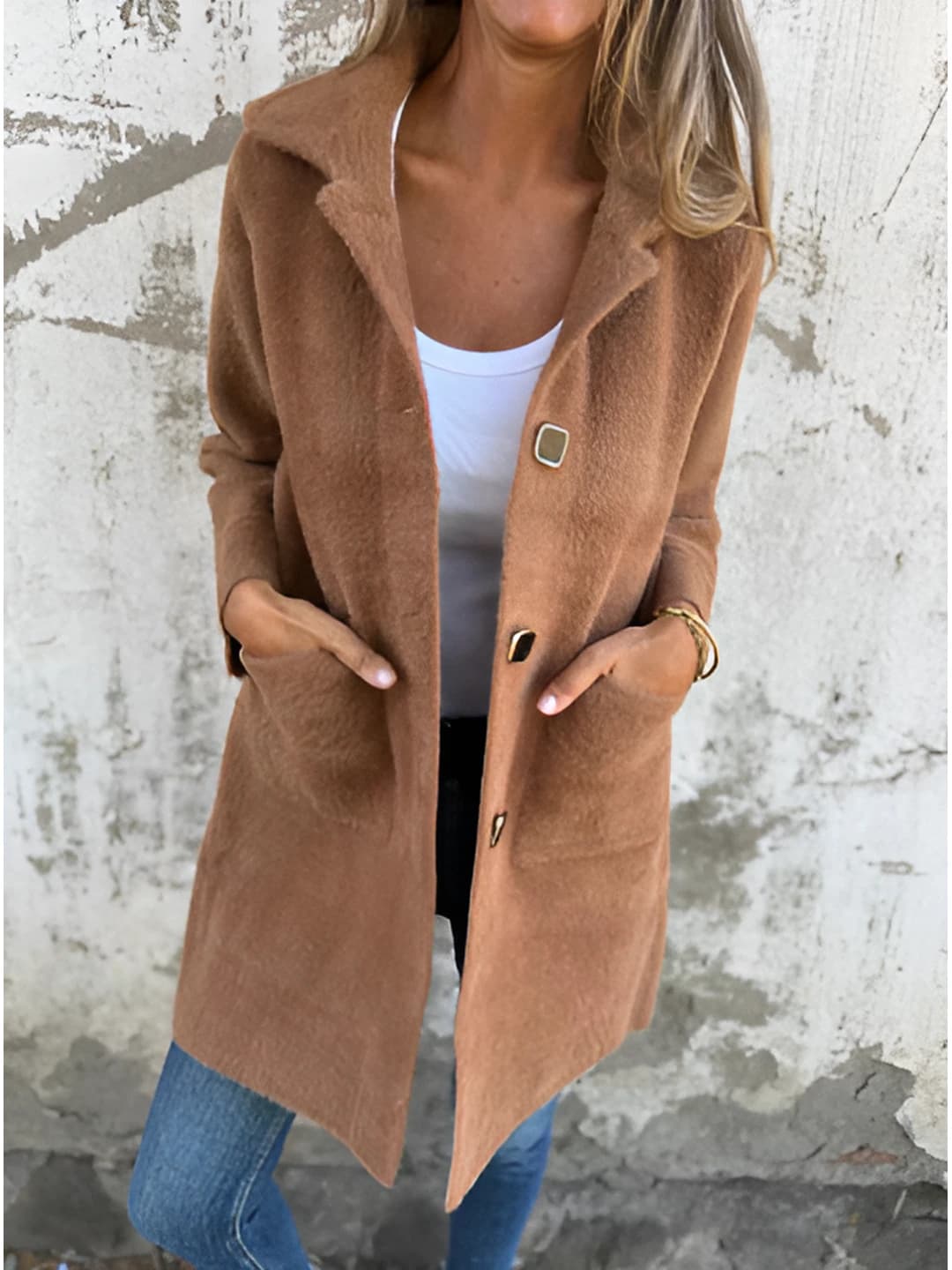 Women's 2026 autumn-winter solid colour mid-length coat with lapel collar, pockets, single-breasted, double-sided cashmere
