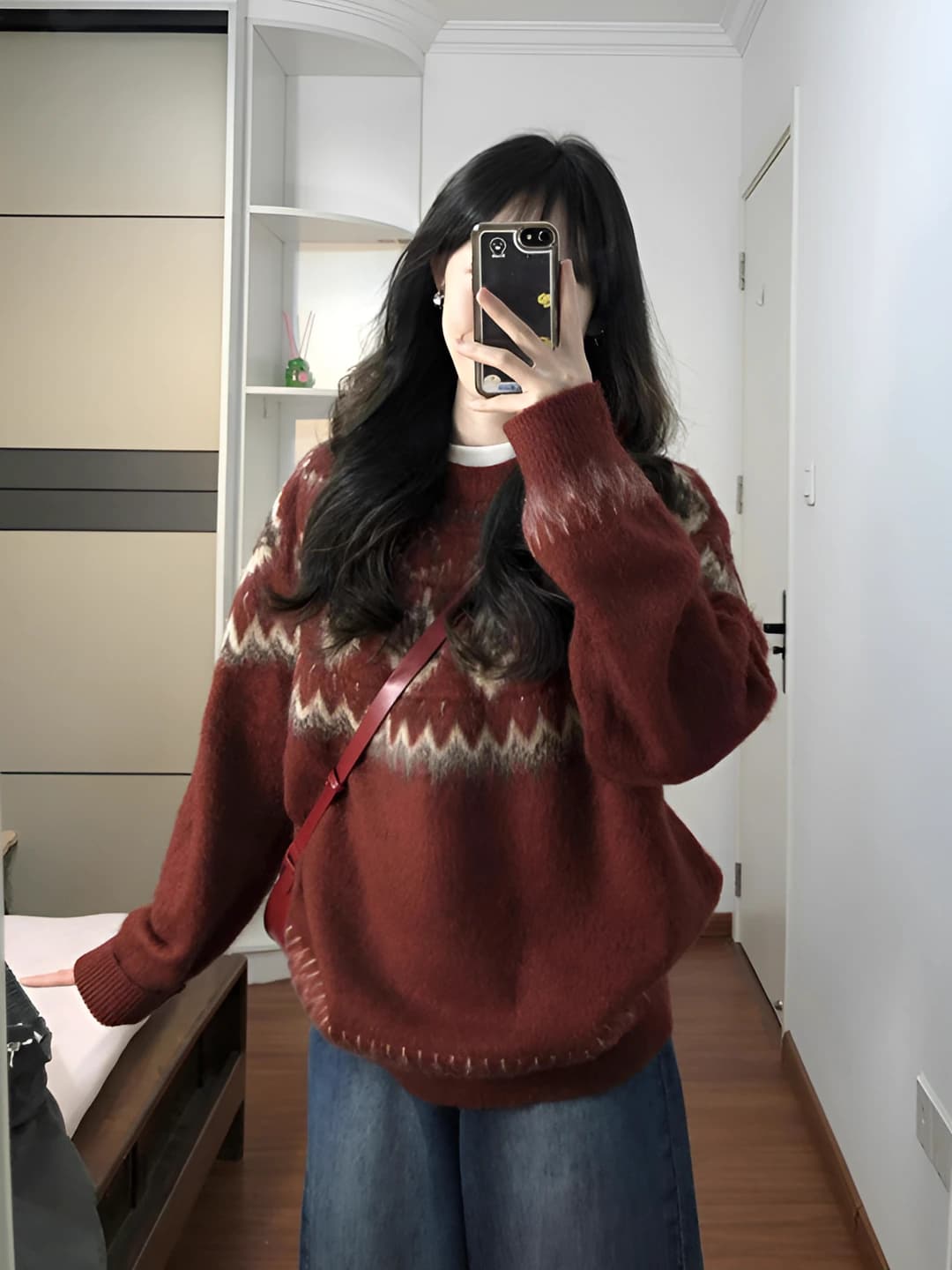 Women's autumn-winter red geometric pattern thick loose fit crew neck long sleeve sweater