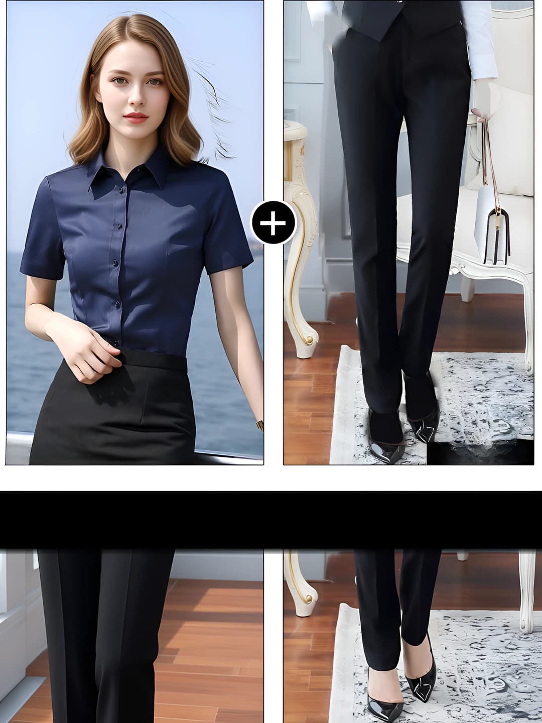 Short sleeve: blue shirt + black pants