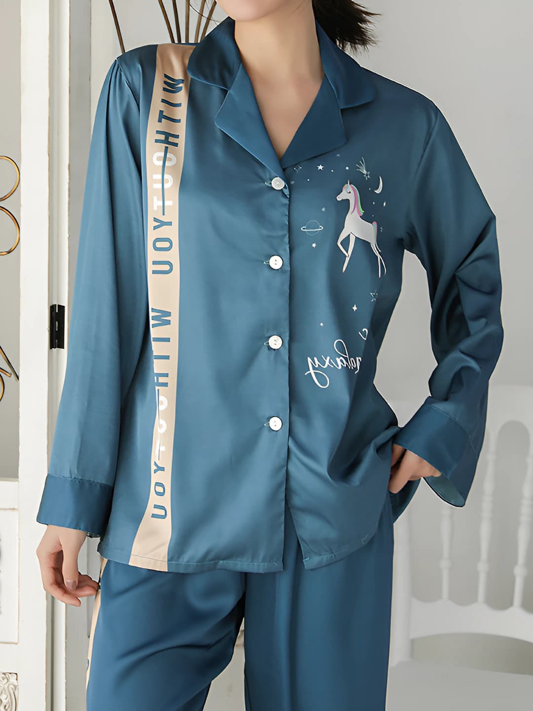 Women's ice-silk fabric long sleeve thin pajama set, lapel collar, loose fit plus size, all-season loungewear