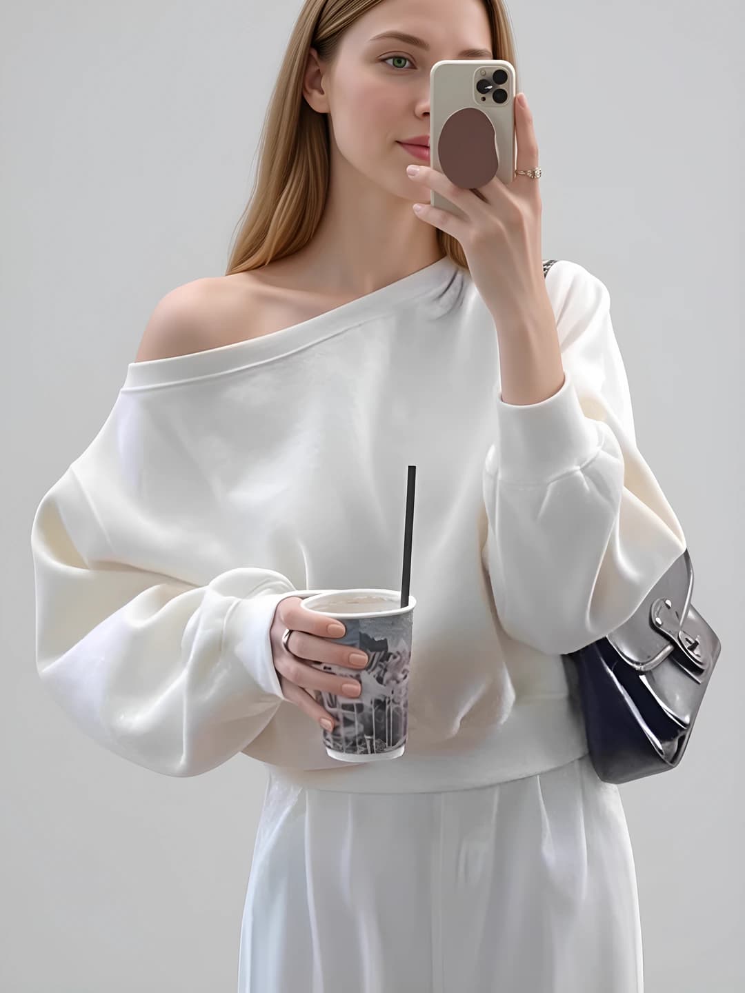 Women's solid colour loose fit long sleeve off-shoulder sweatshirt in Korean style for autumn