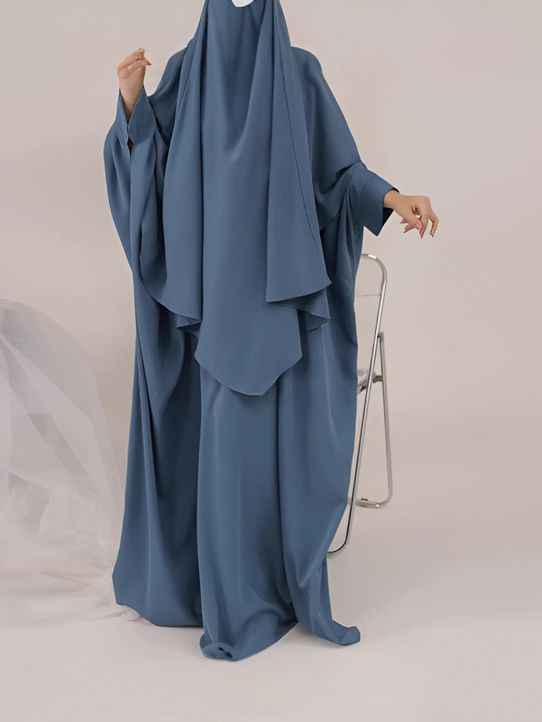 Women's religious clothing: plus size solid colour dress with crew neck, long sleeve, long skirt, batwing sleeve, and headscarf