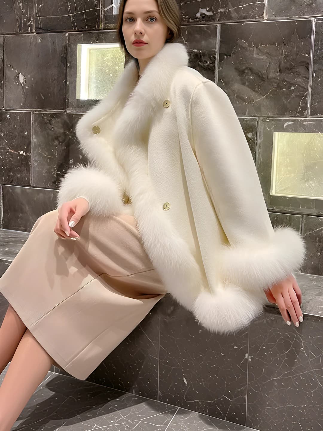 Women's 2026 winter mid-length thickened wool coat, crew neck, long sleeve, retro style, faux fur outerwear