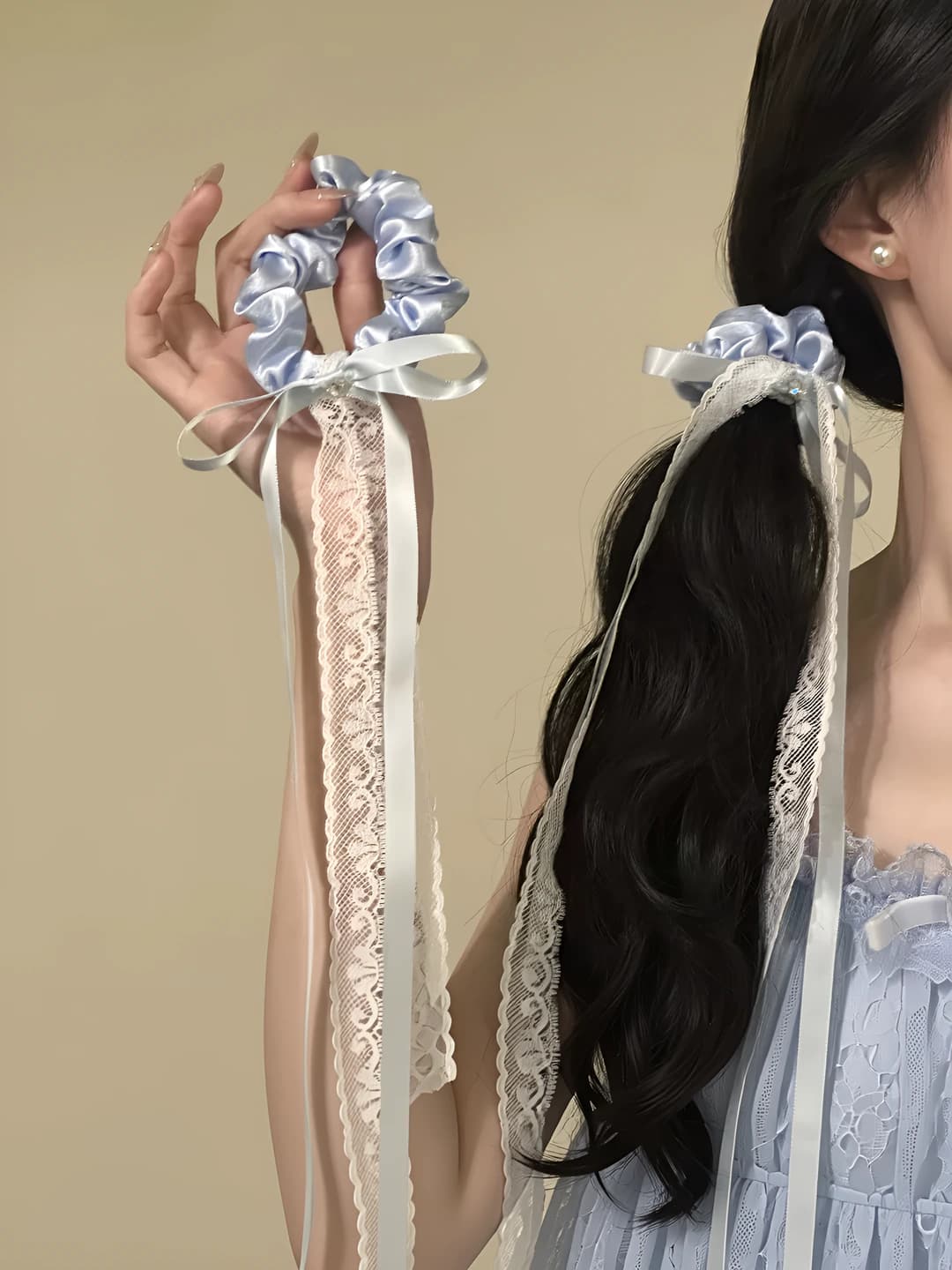 Women's hair tie with lace and ribbon, Korean style, with bow design