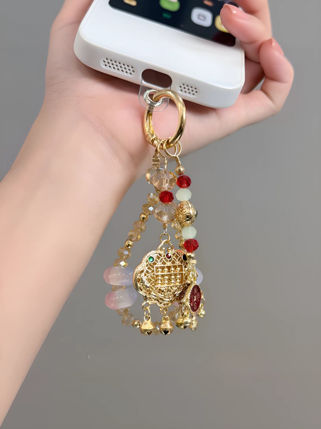 Women's new Chinese style safety lock phone chain, made of plastic and resin, with heart, drop, and bell pattern