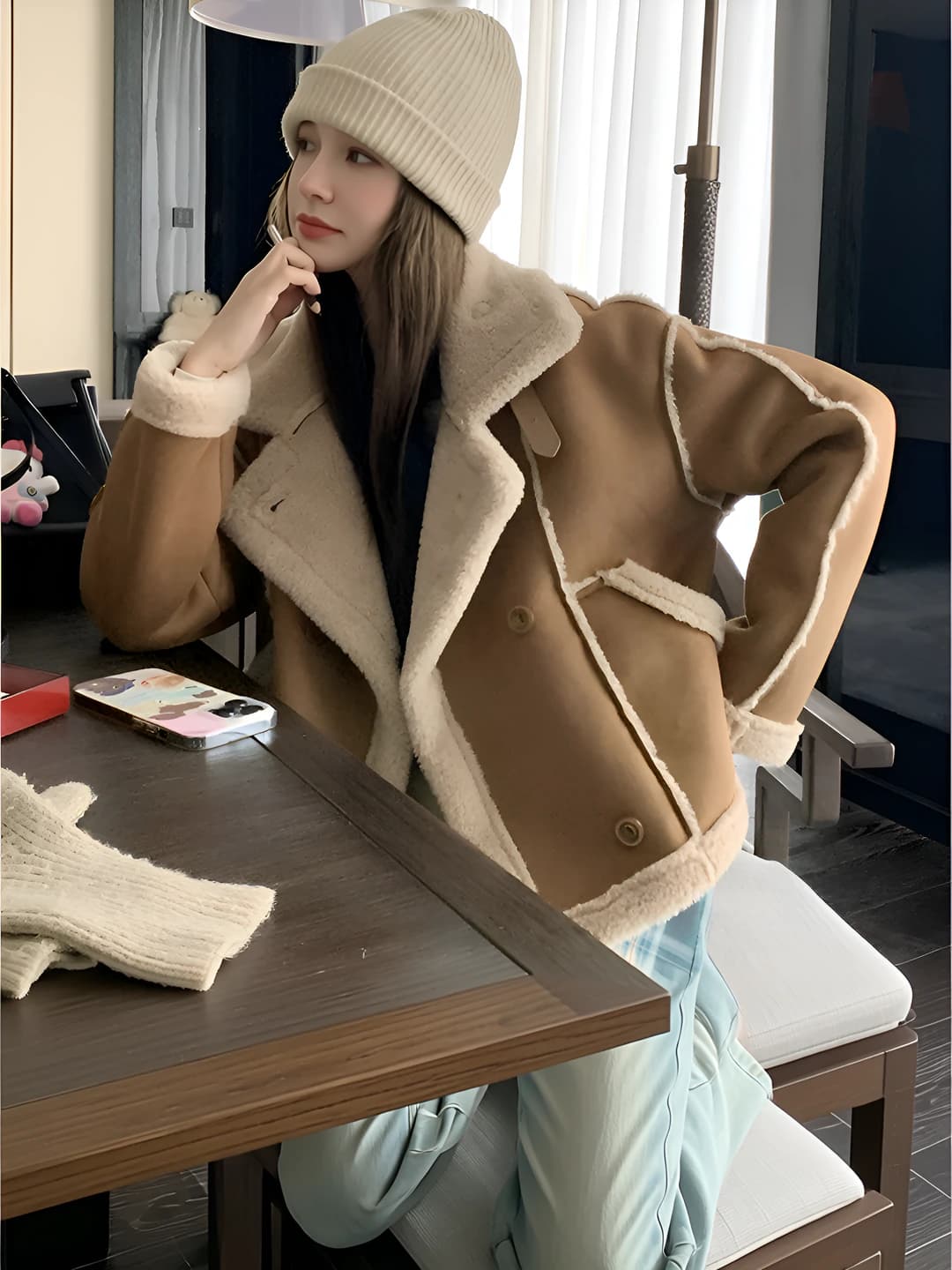 Women's winter thickened shearling coat with stand collar, long sleeve, cropped