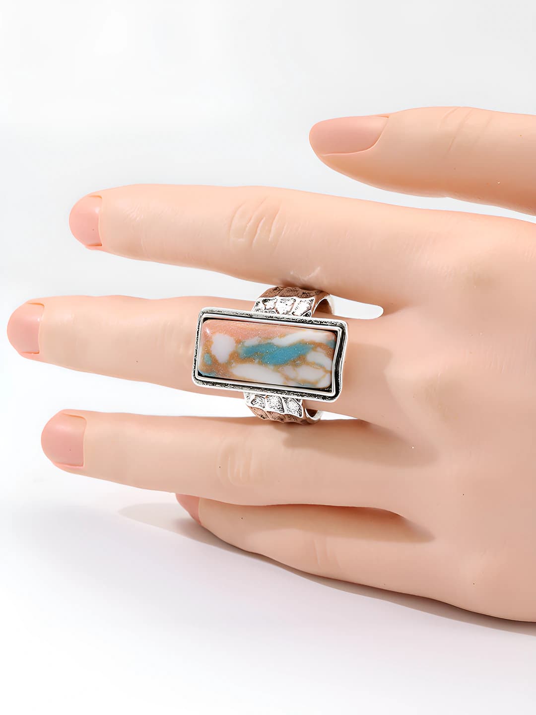 Women's retro silver handmade ring with synthetic turquoise, boho style