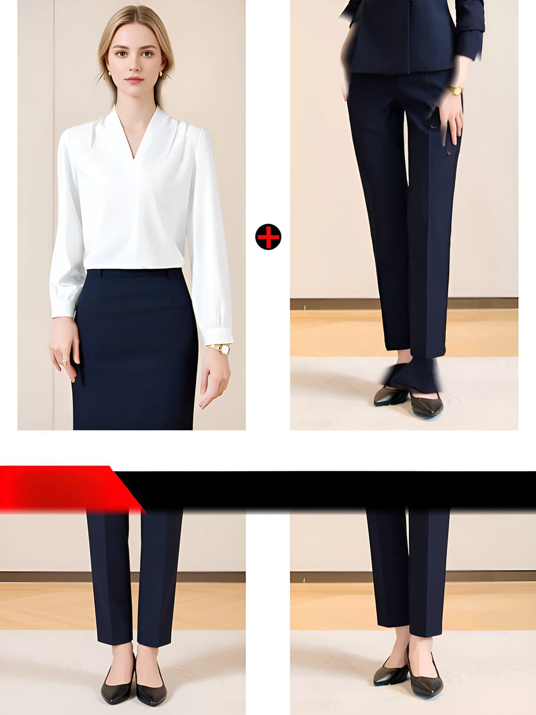 White shirt + dark blue pants