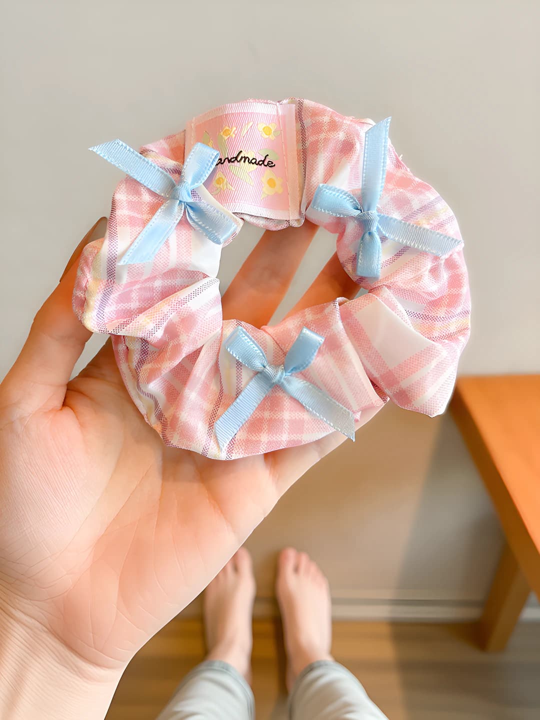 Pink plaid, bow, 11 cm