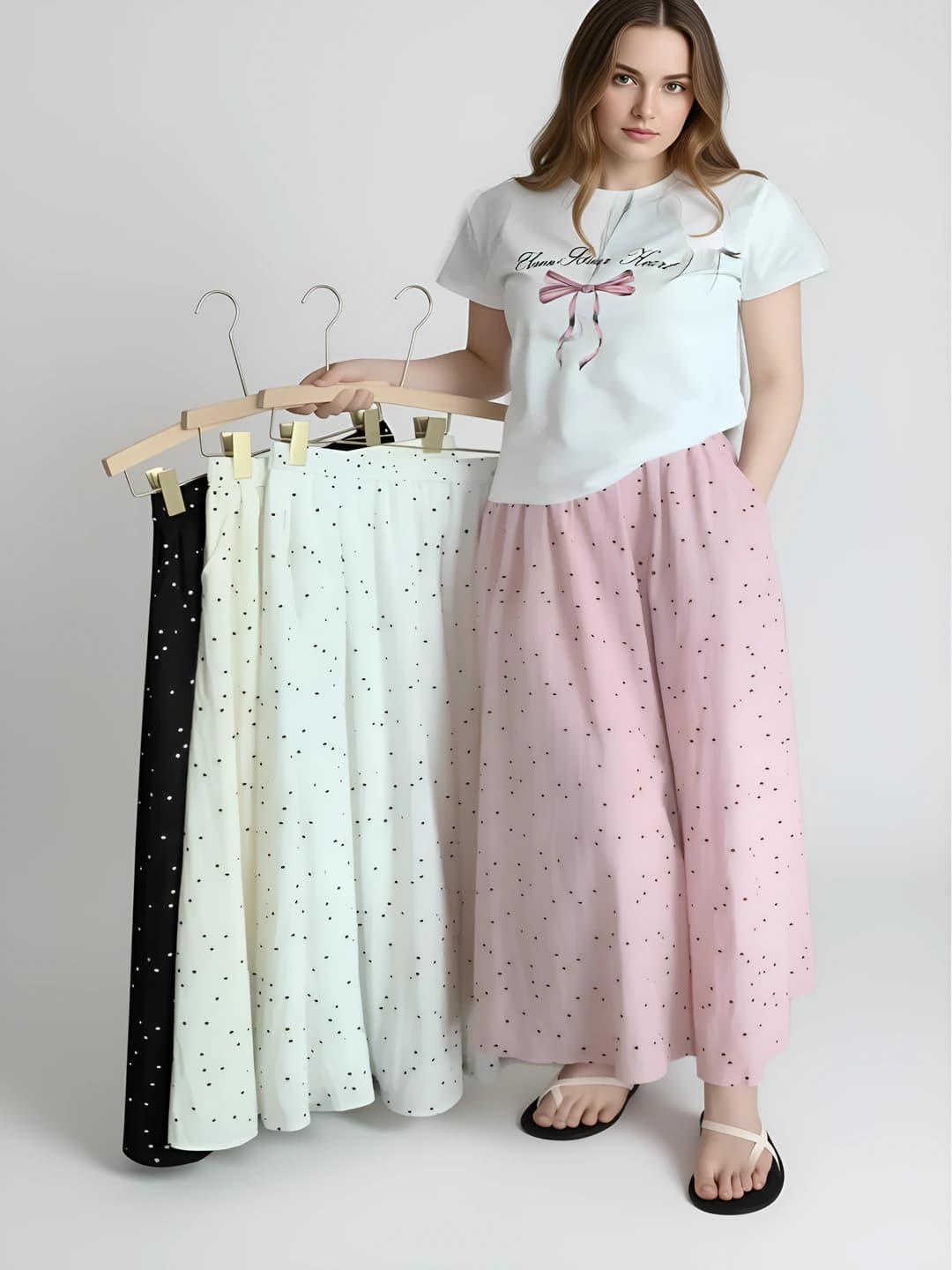 Women's sweet style pink polka dot A-line skirt, 2026 summer, loose fit, high waist, slimming, wide