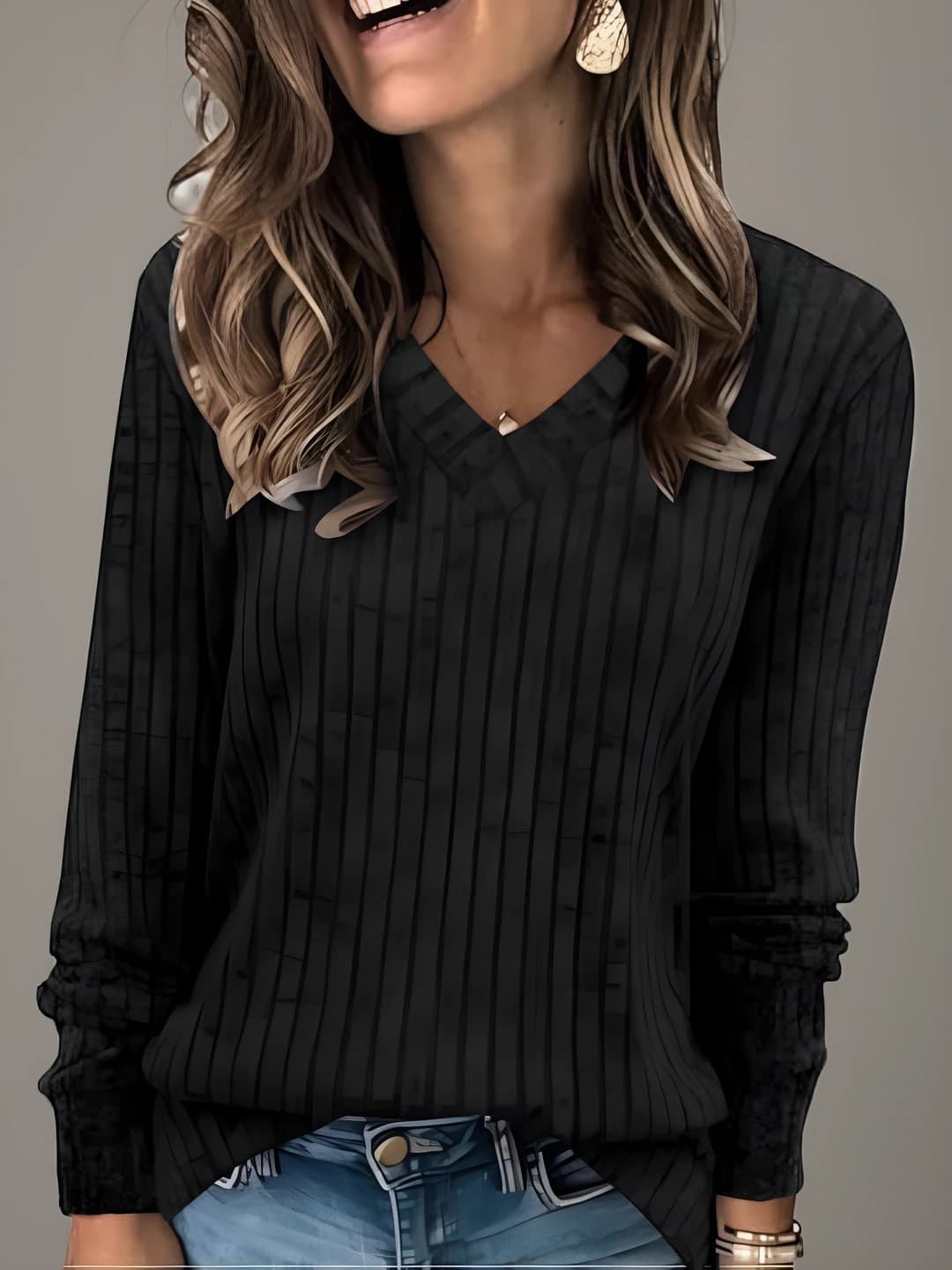 Women's solid colour V-neck long sleeve loose fit casual sweater