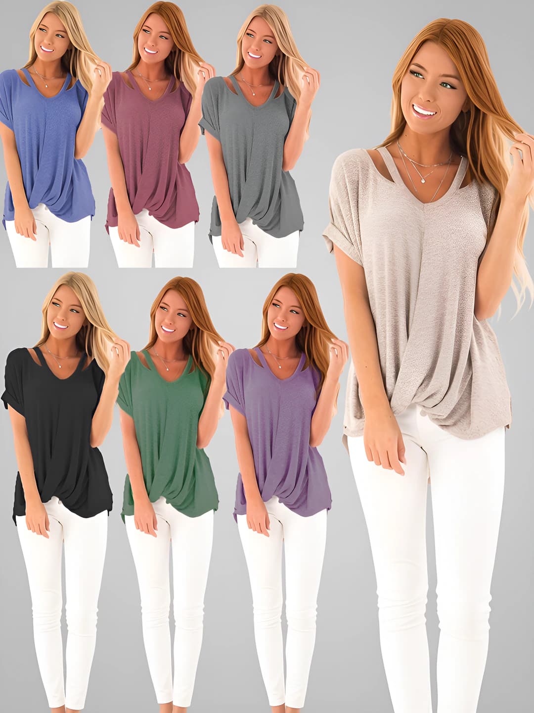 Women's summer short sleeve t-shirt with crew neck, loose fit, solid colour