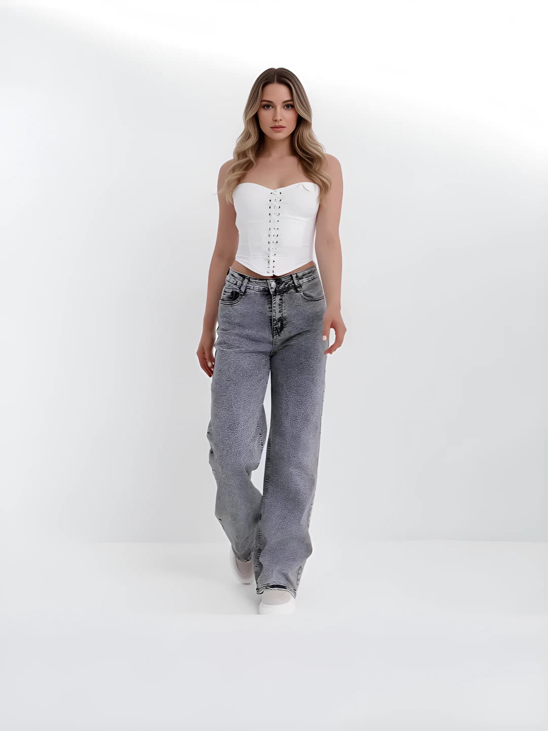 Women's straight jeans 2026, straight cut, high waist, trousers, loose fit, polyester and denim, non-iron
