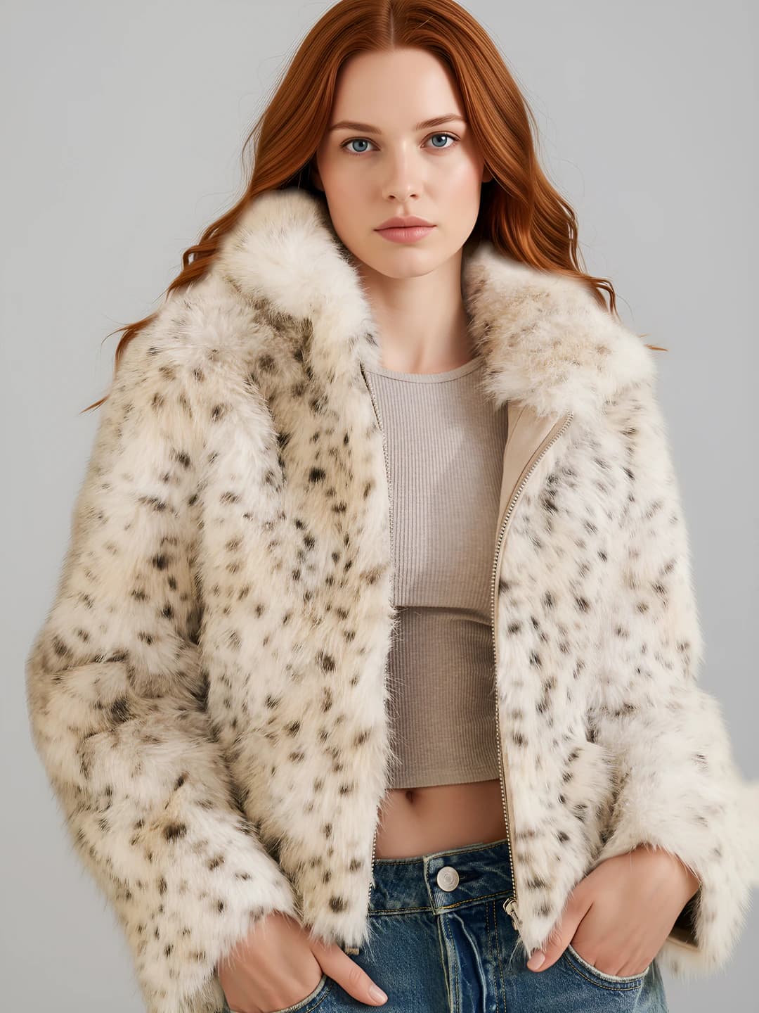 Women's thickened warm cropped long sleeve hooded faux fur coat with design elements