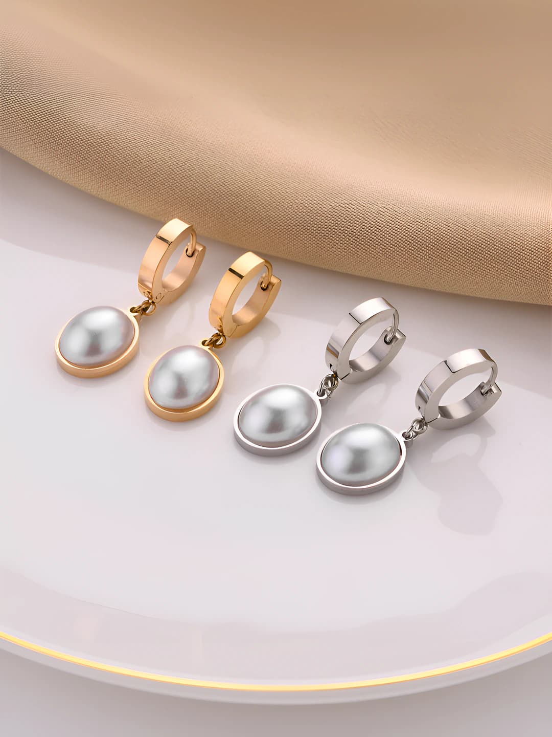 Women's Japanese-Korean style simple imitation pearl titanium steel teardrop shape hoop earrings and studs