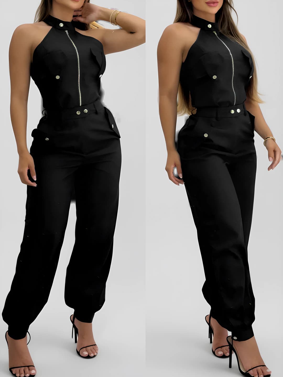 Women's high neck sleeveless t-shirt and stretch waist cuffed trousers set