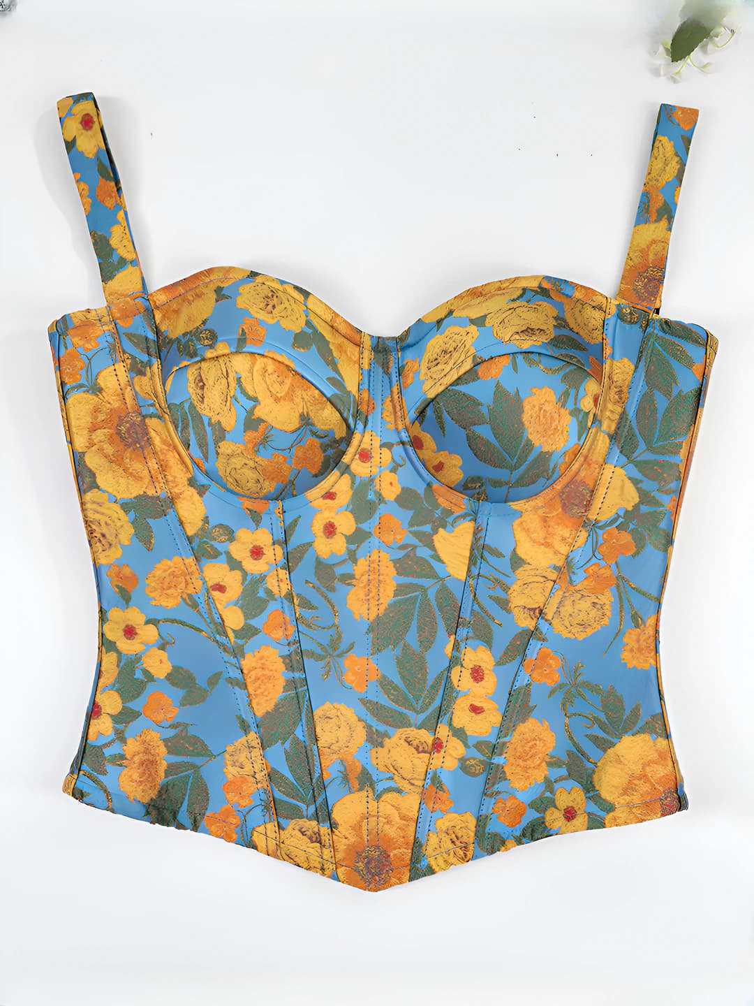 Women's summer corrective top and bustier: French country style, sunflower embroidered, high waist, slimming, polyester