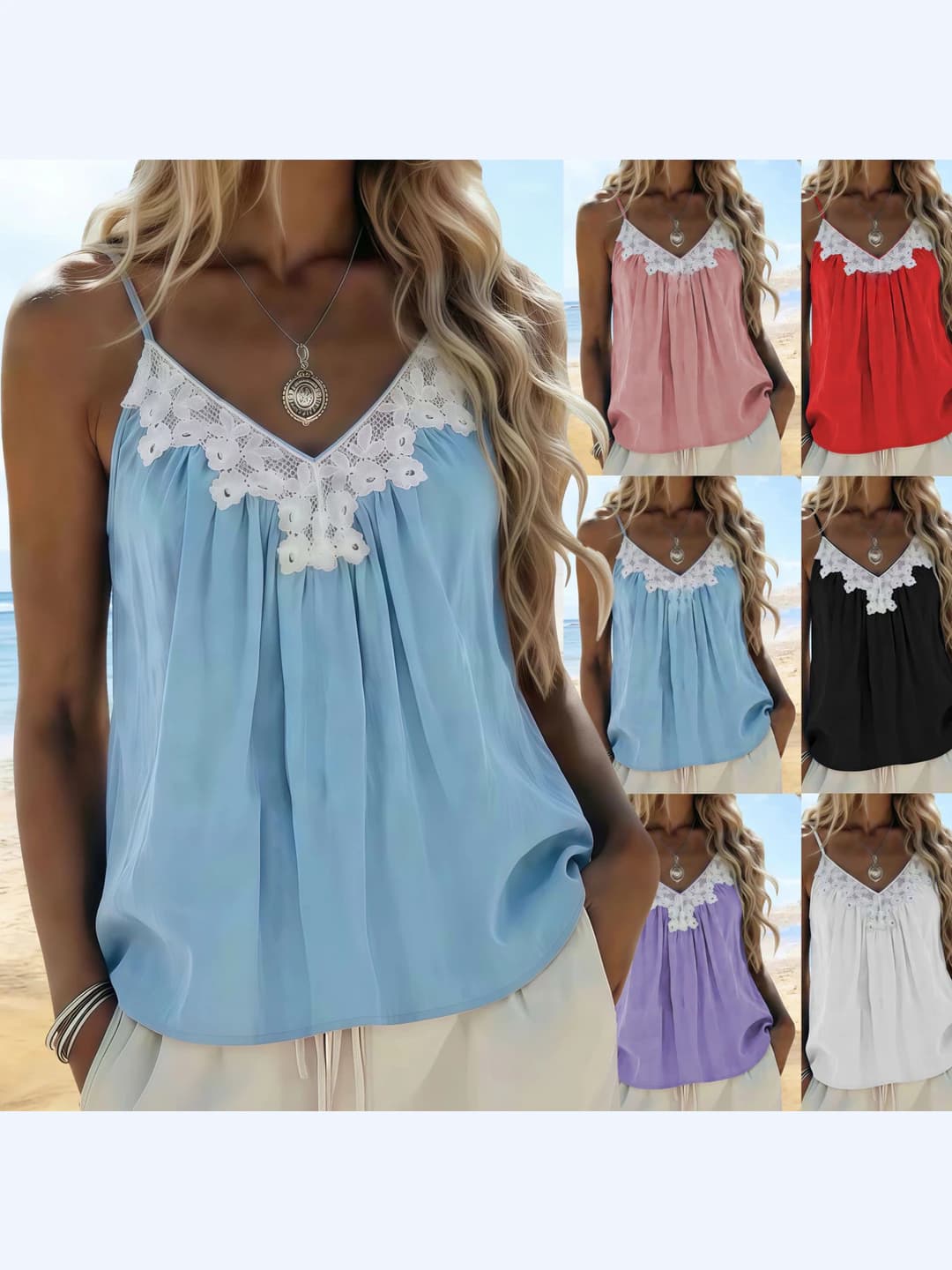 Women's summer lace-trimmed tank top, loose fit, mid-length, solid colour, polyester and spandex, non-stretch, no neck label