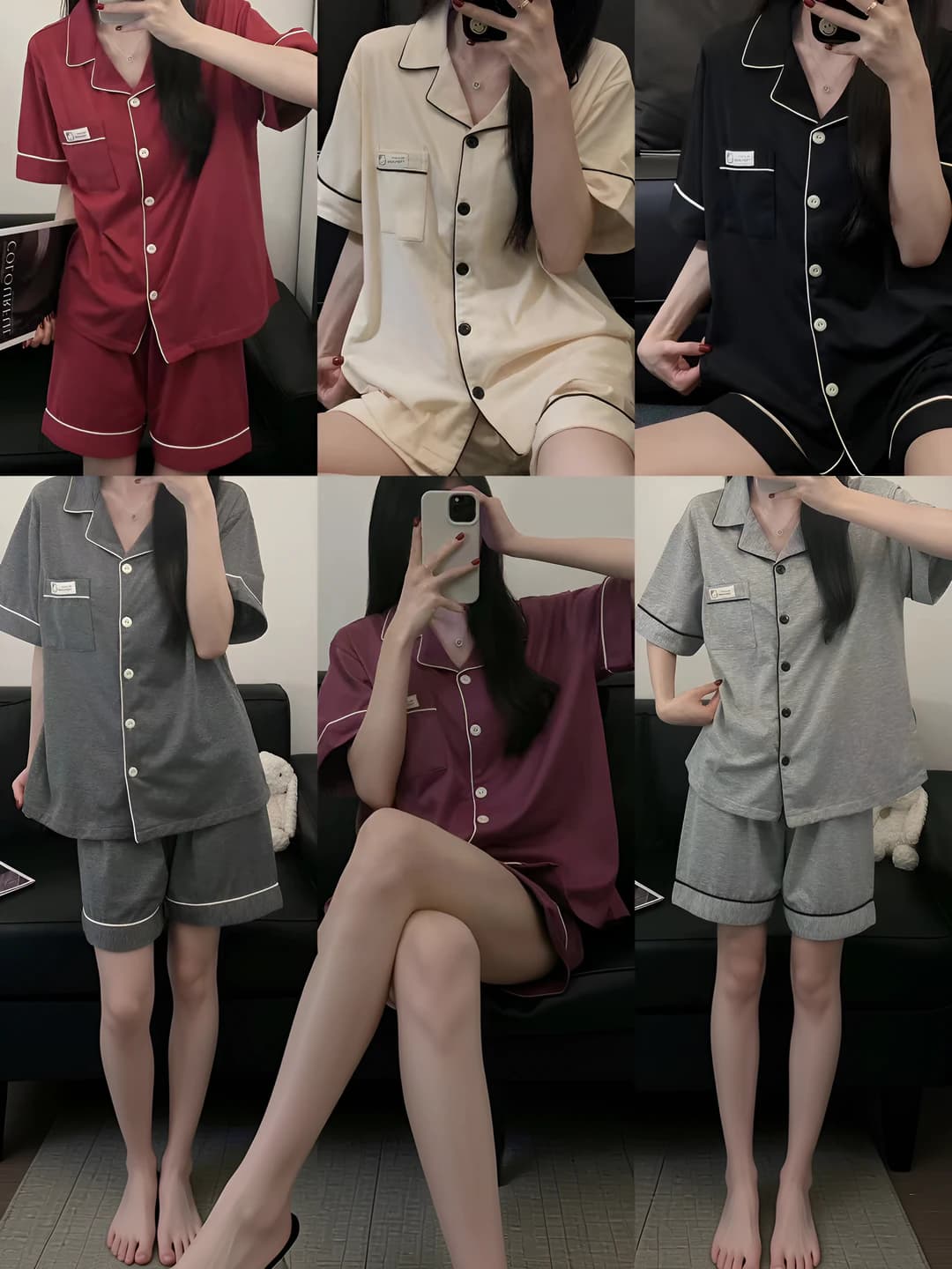 Women's summer cotton pajama set: lapel collar, short sleeve cardigan and shorts, solid colour, loungewear
