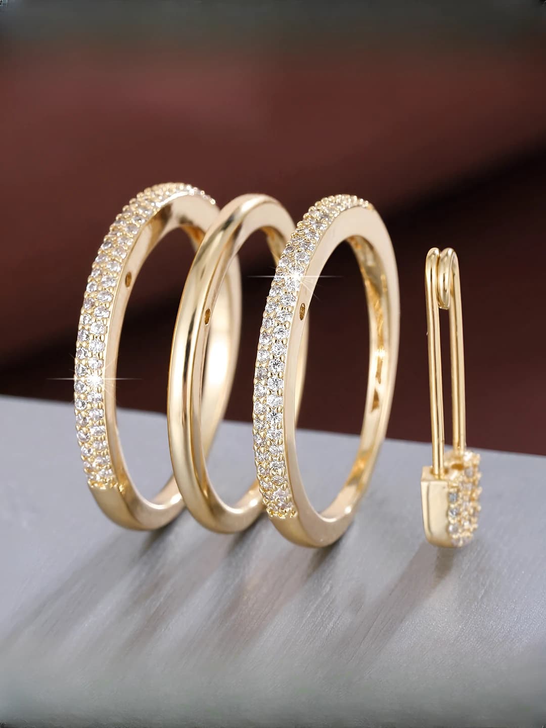 Adjustable three-ring open ring for couples, rhodium-plated with zircon, minimalist style, jewelry