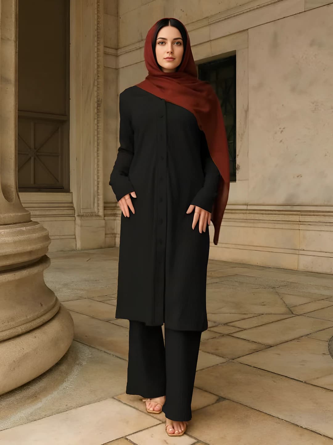 Women's two-piece knit set: long sleeve tunic and wide-leg trousers, solid colour, polyester