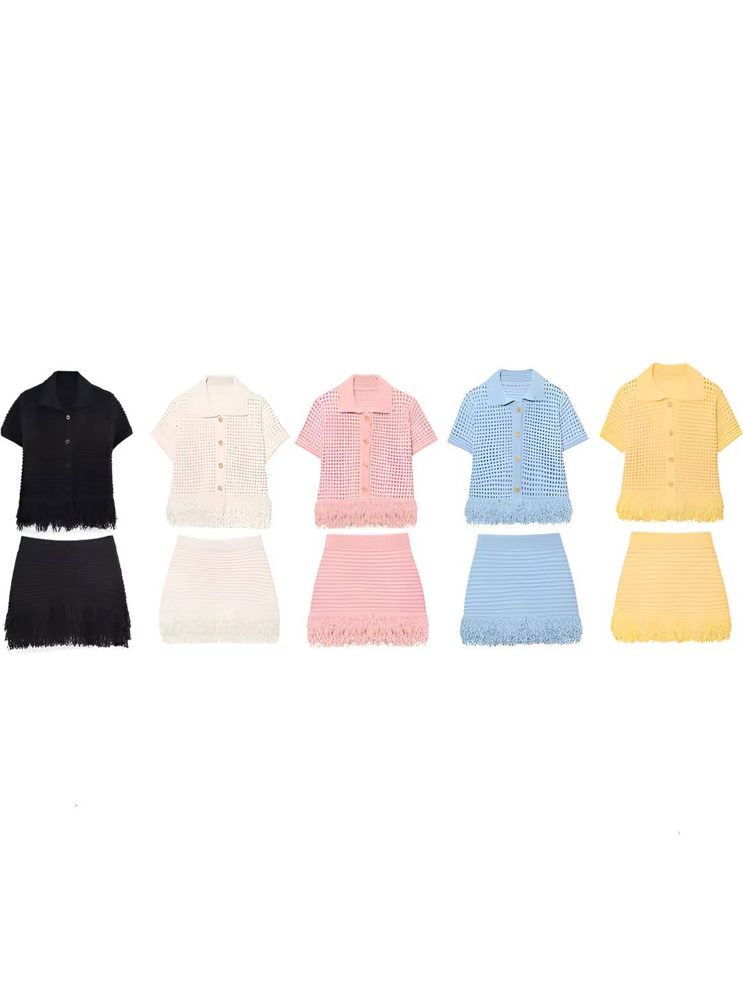 Women's two-piece knit top and mini skirt set: lapel collar, short sleeve, pattern, summer, design element