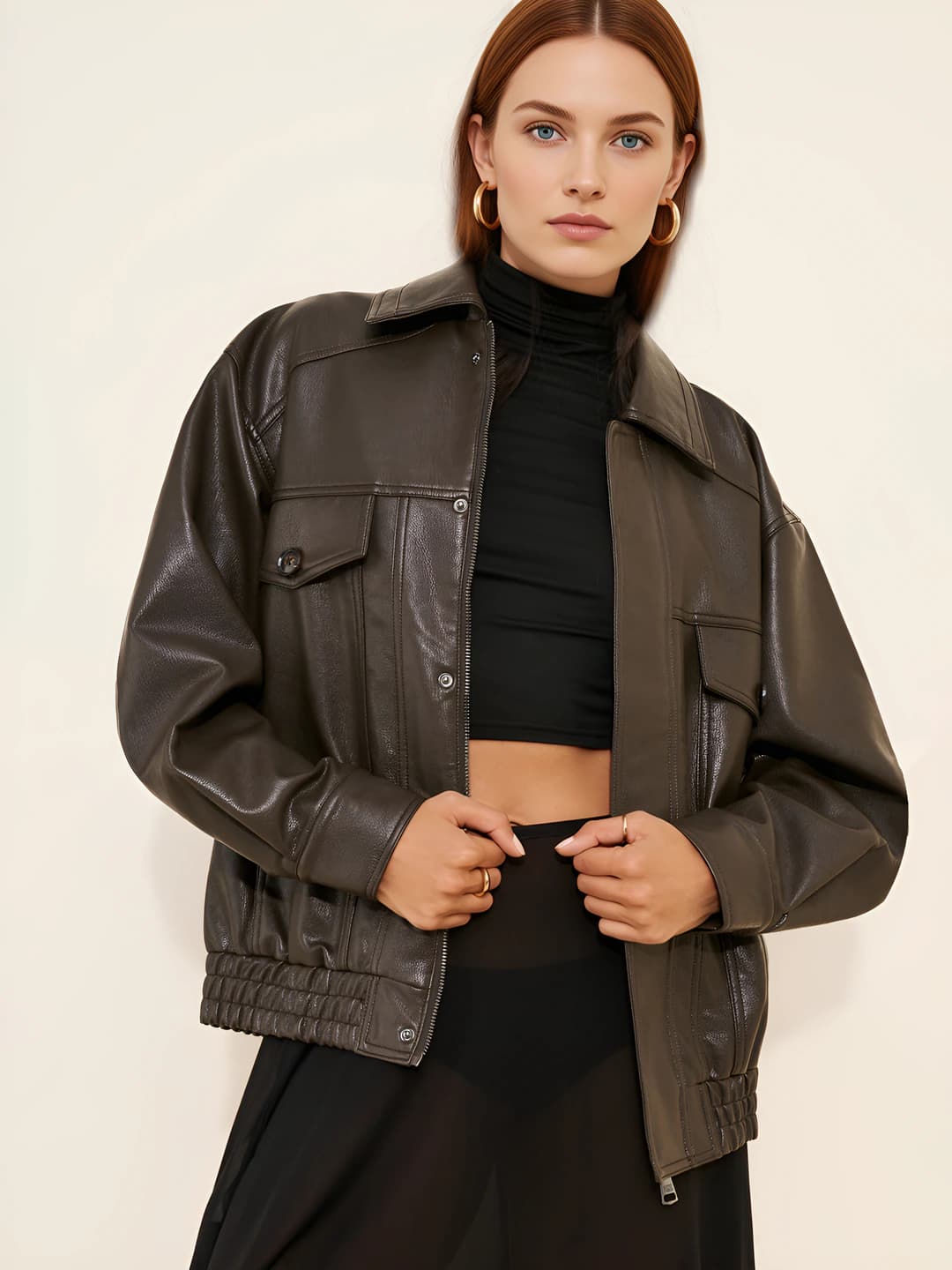 Women's retro style PU leather jacket, casual, loose fit, lapel collar, long sleeve, zip