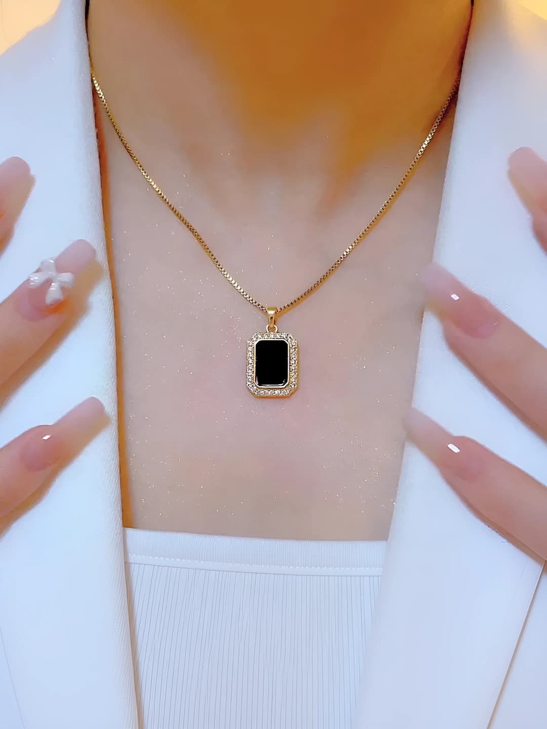 Women's titanium steel necklace, black, geometric shape, zircon pendant, 41-50 cm