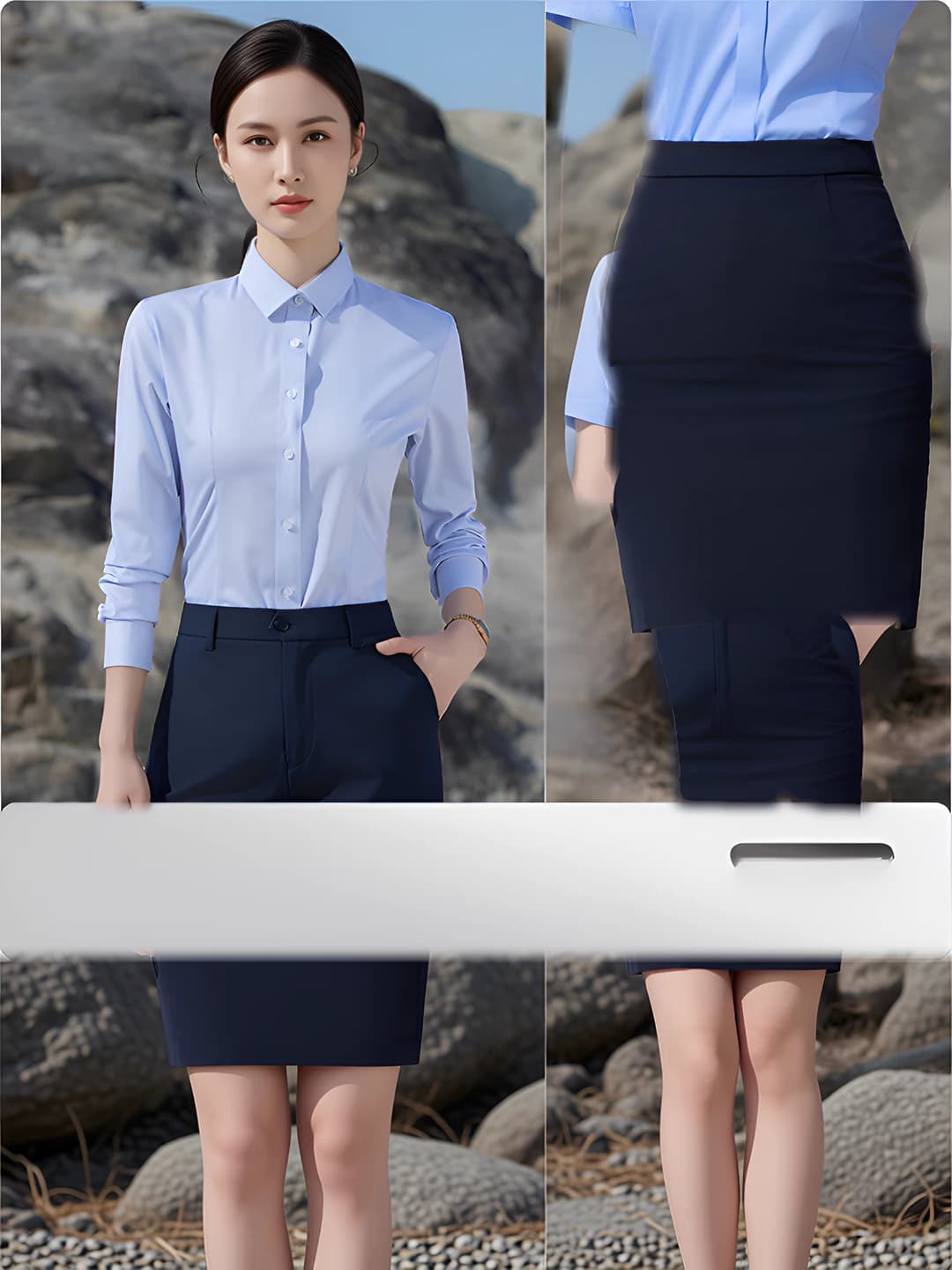 Women's long sleeve, blue houndstooth + navy skirt