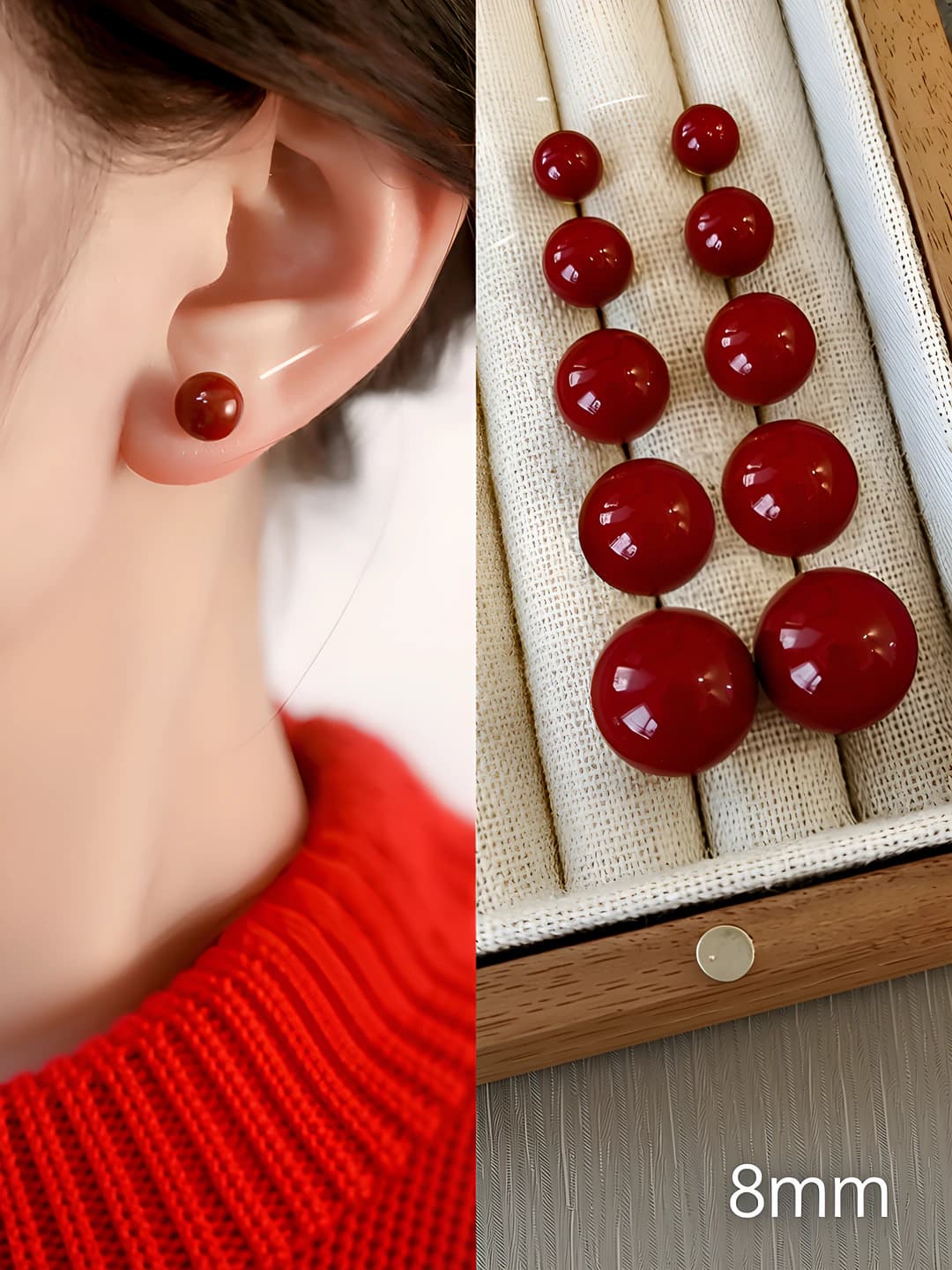 8mm красный жемчуг серьги-гвоздики