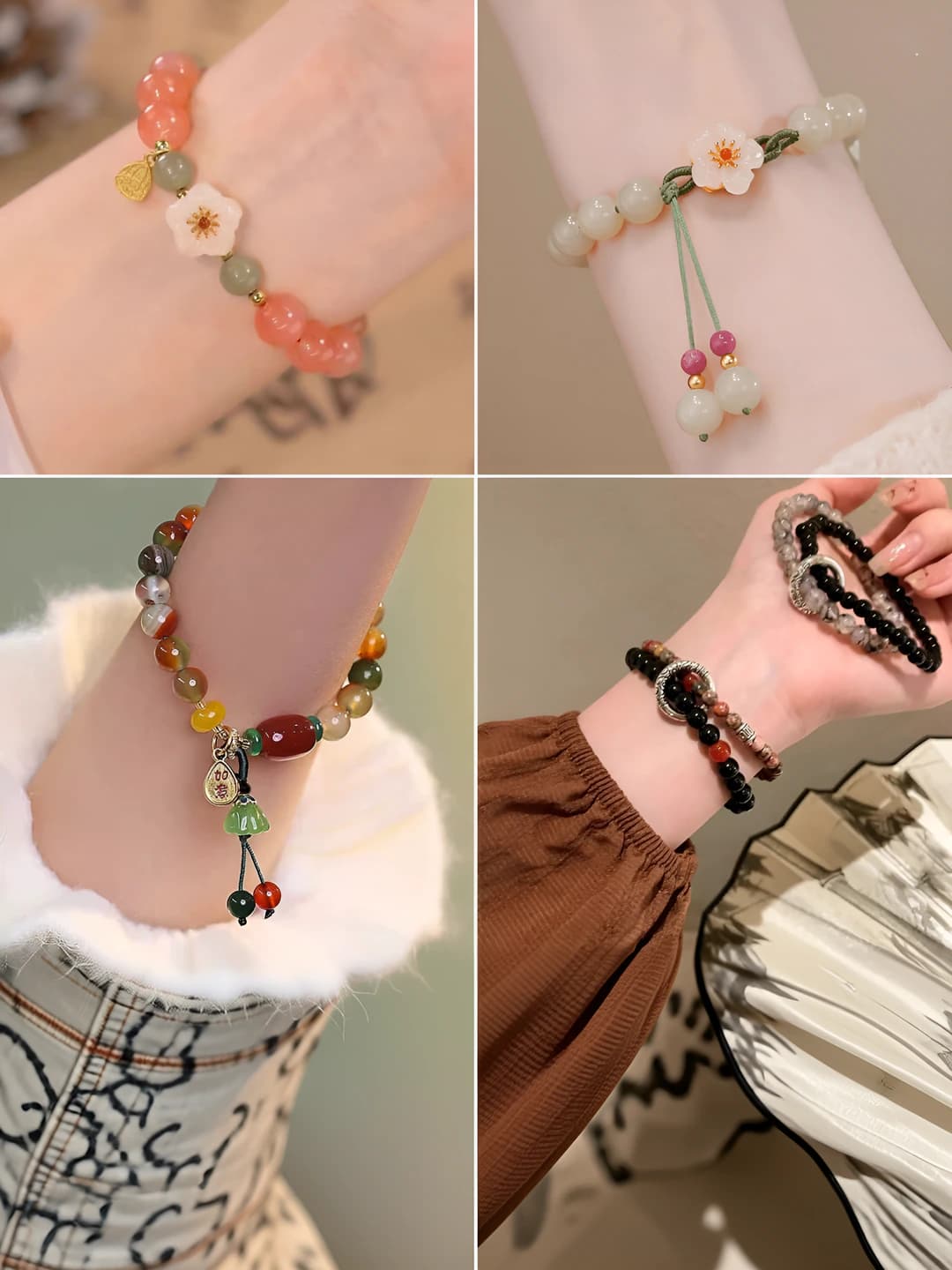 Women's bracelet in retro style with jade imitation, floral design and beaded details