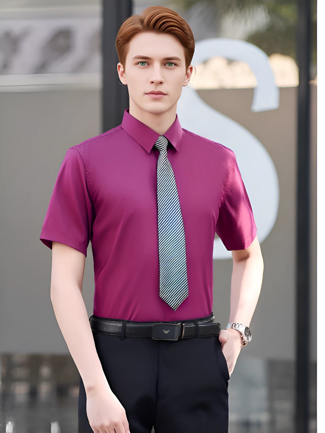 Men's short sleeve rose red shirt