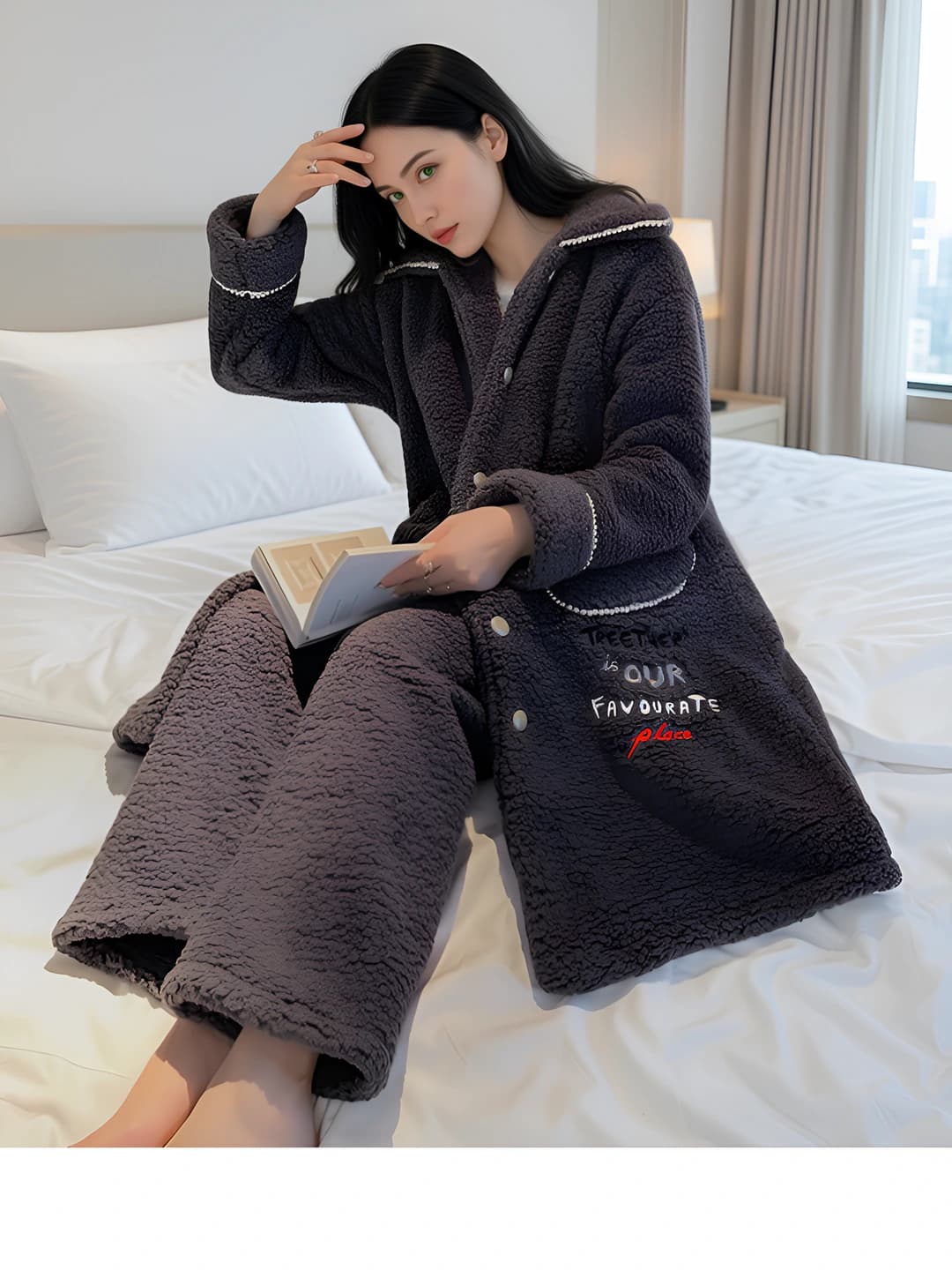 Women's coral fleece loungewear set: thickened, lapel collar, long sleeve, trousers, autumn-winter