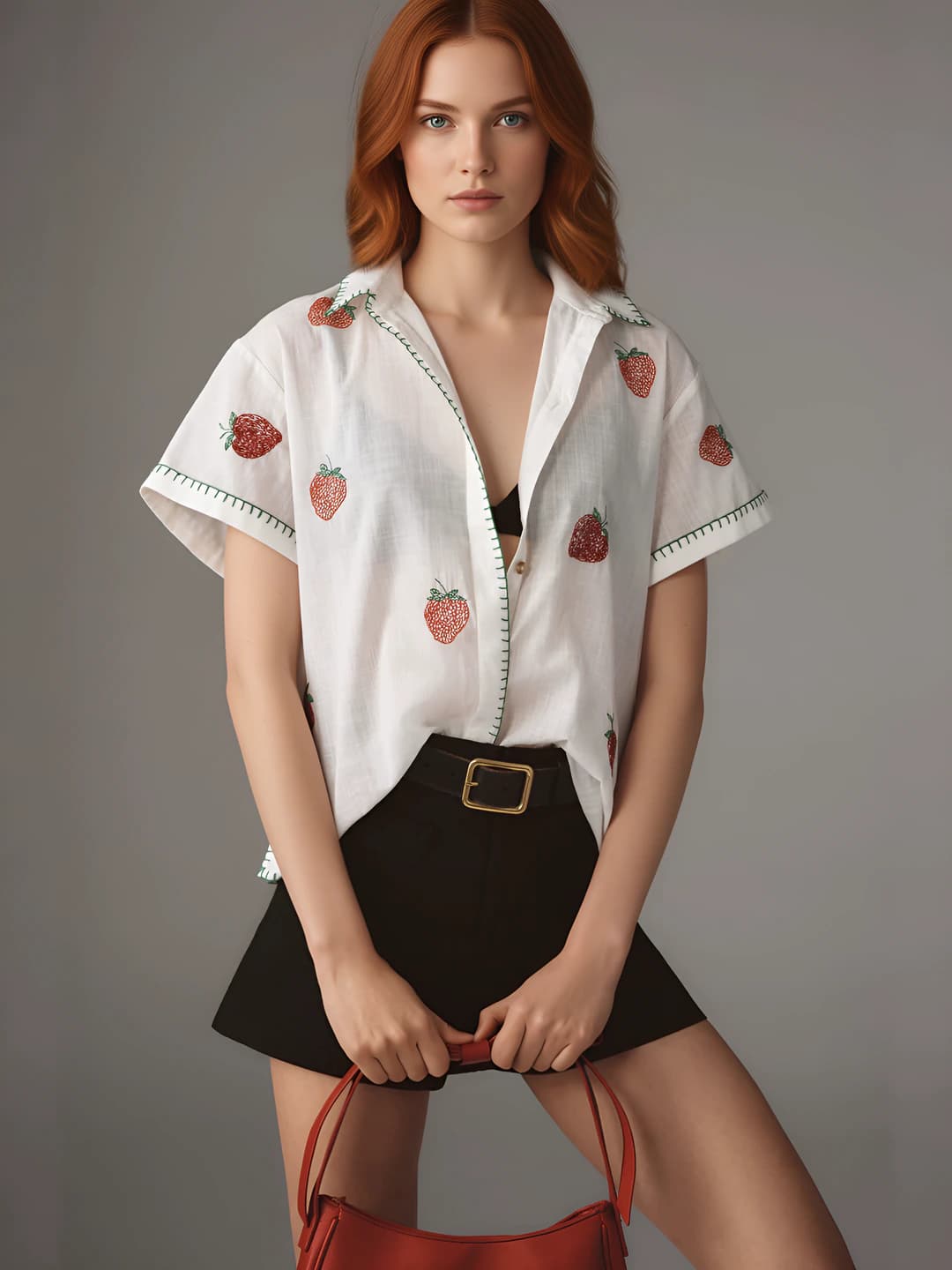 Ayollar uchun kashtali kalta yengli ko'ylak-shirt, POLO yoqa, bo'sh (oversize) kesim, havo o'tkazuvchan, kundalik uslub