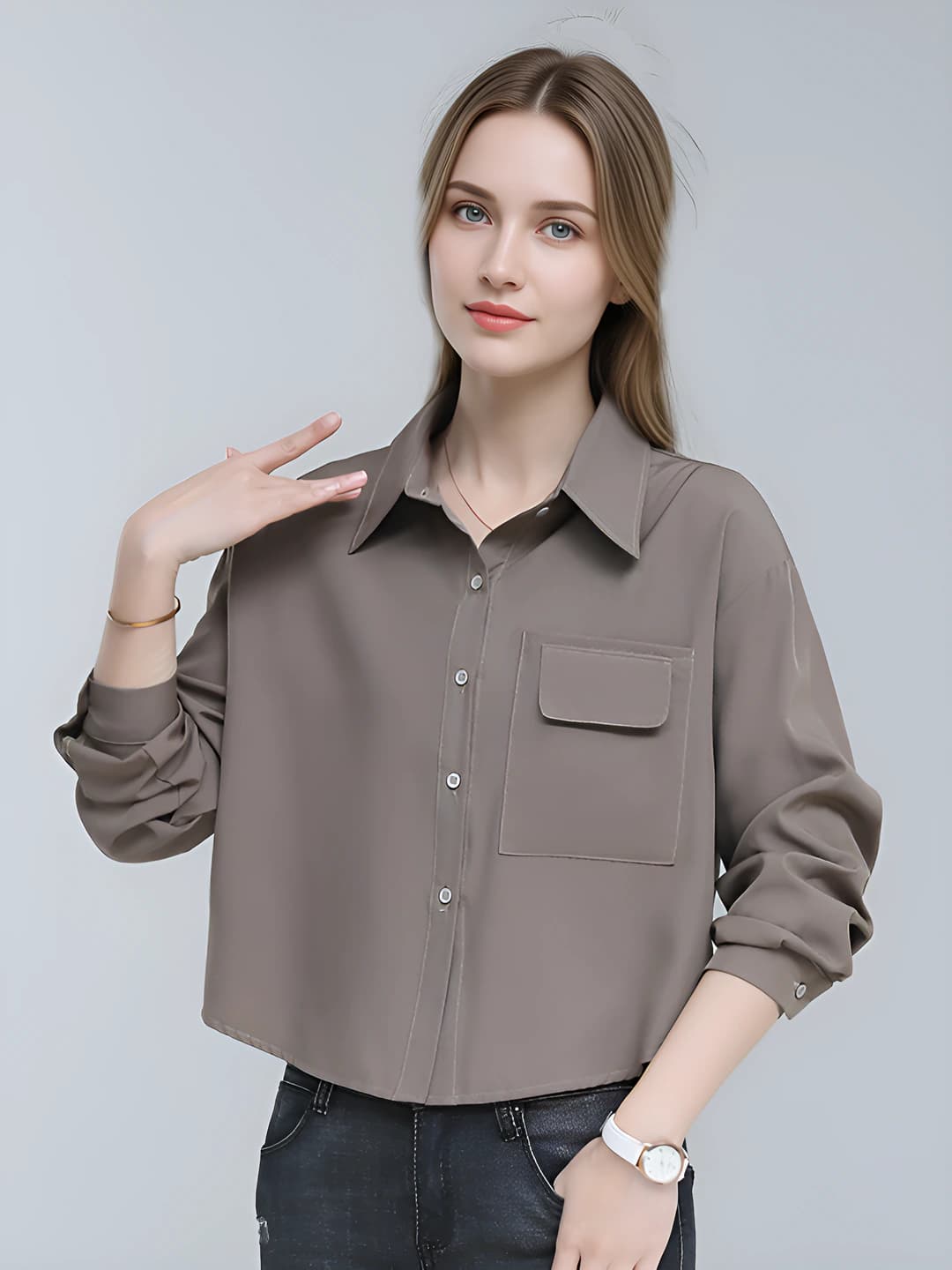 Women's 2026 spring-autumn casual shirt, solid colour, loose fit, long sleeve, POLO collar, cropped, polyester