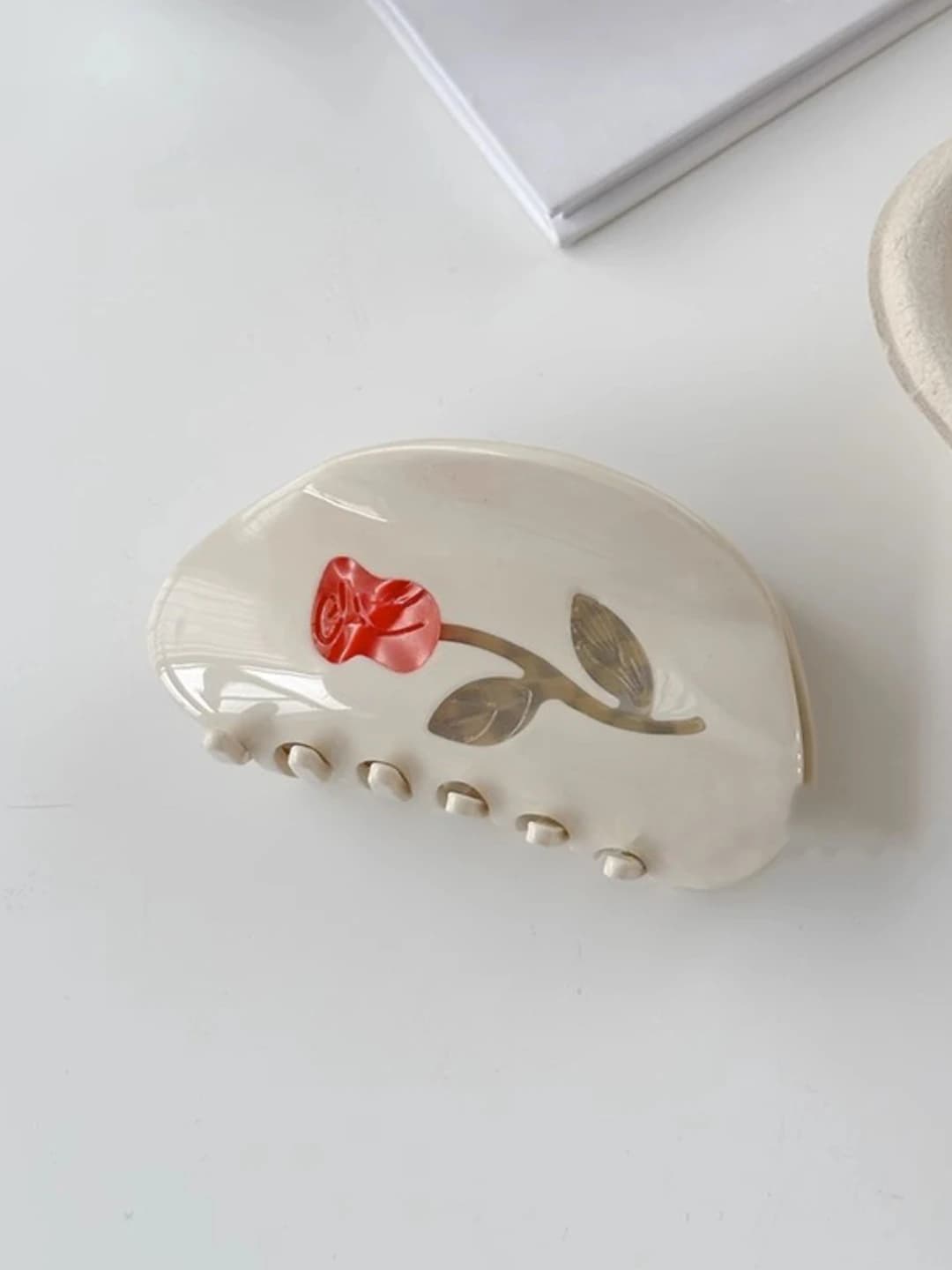 Women's handmade acrylic hair claw clip with cream rose design