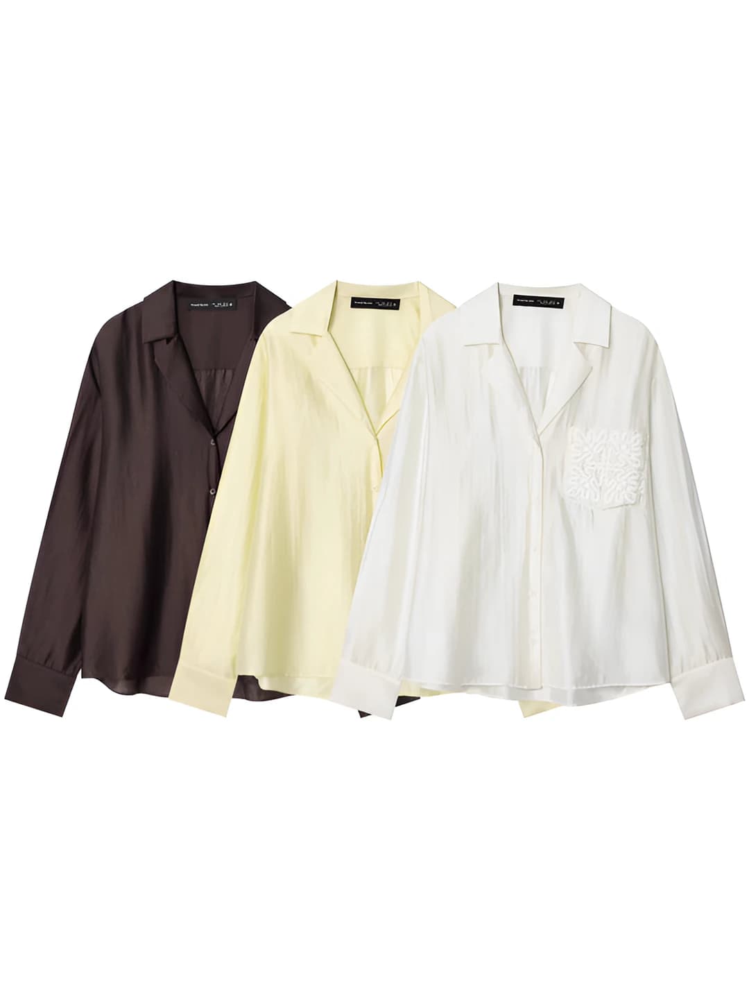Women's long-sleeve shirt with embroidered pocket, POLO collar, A-line fit, solid colour