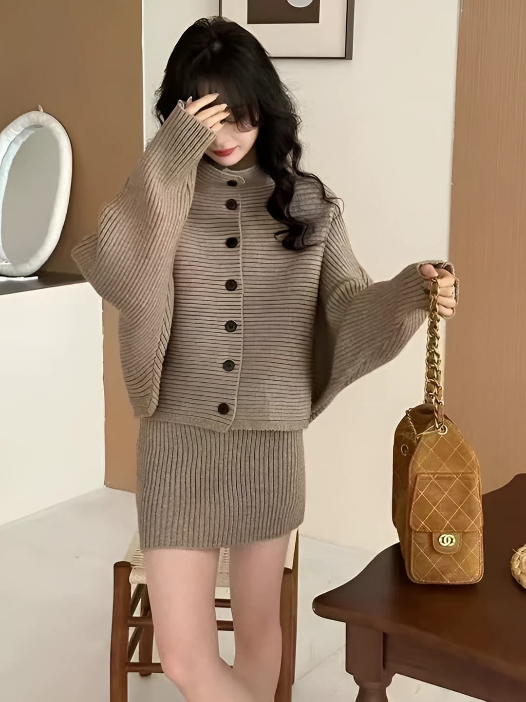 Women's Korean style loose fit casual knitted cardigan and mini skirt two-piece set for autumn-winter