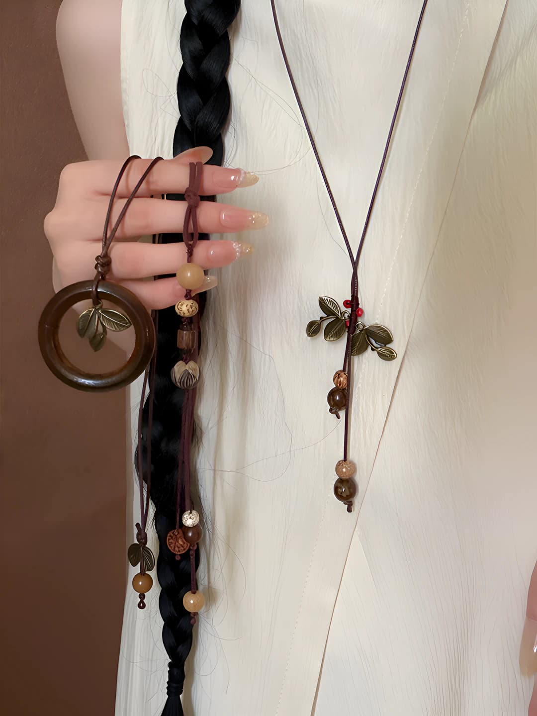 Women's pendant necklace with wooden ring and metal leaf, braided cord, new Chinese style, retro