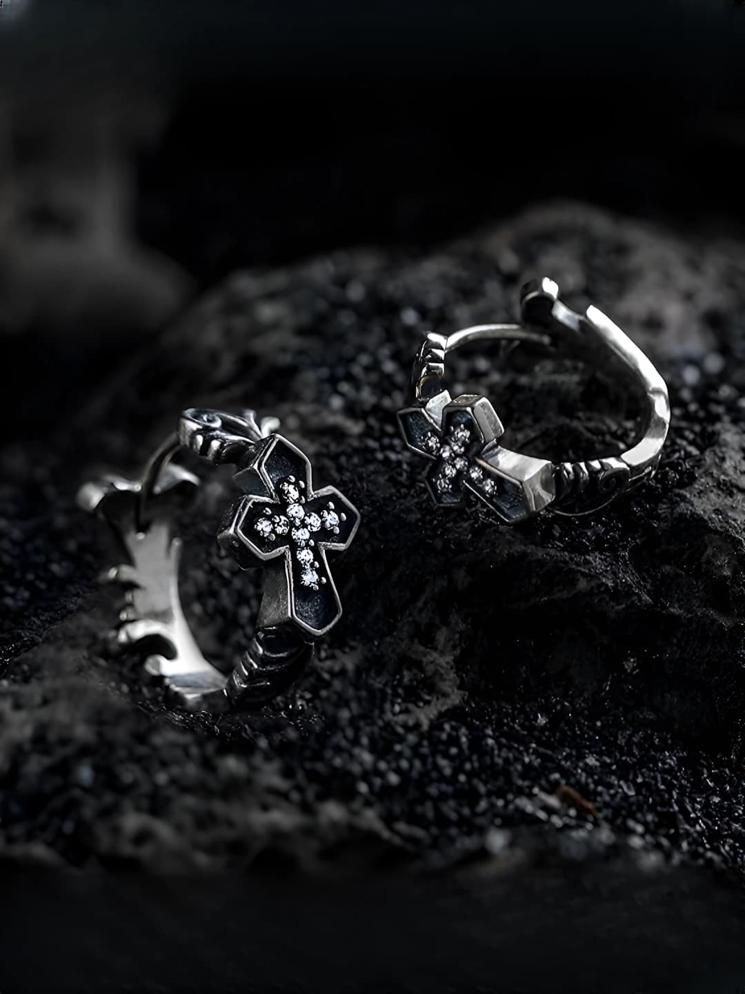 X931-B Diamond cross earrings Antique silver pair