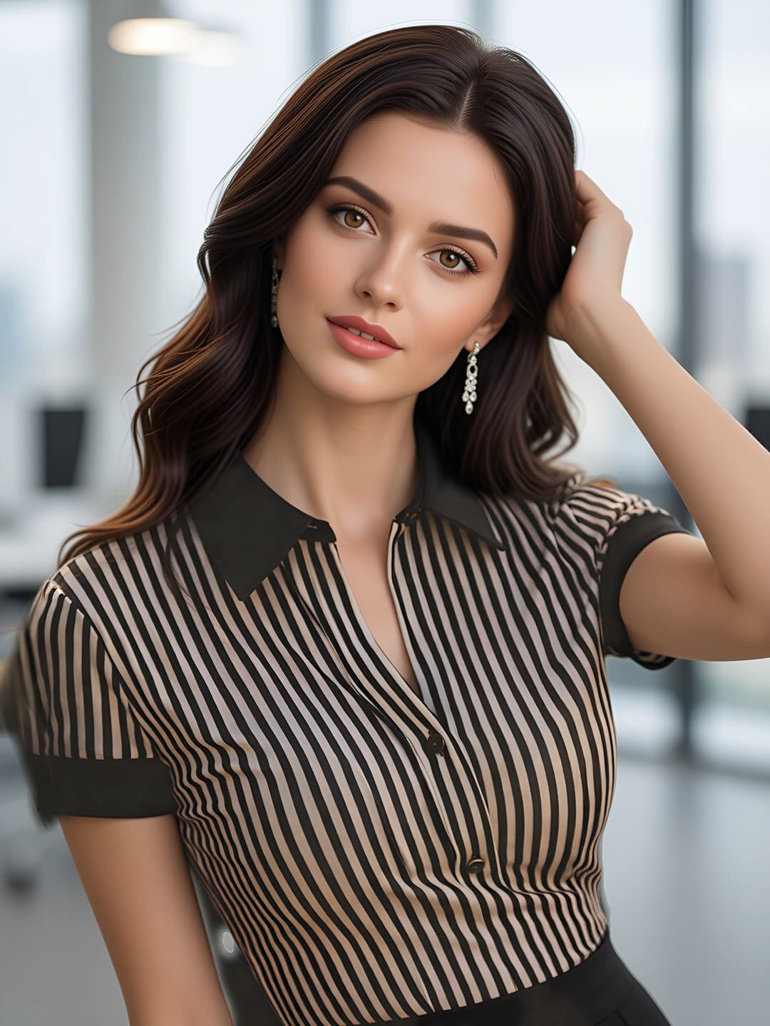 Women's striped short sleeve shirt, lapel collar, slim fit, summer