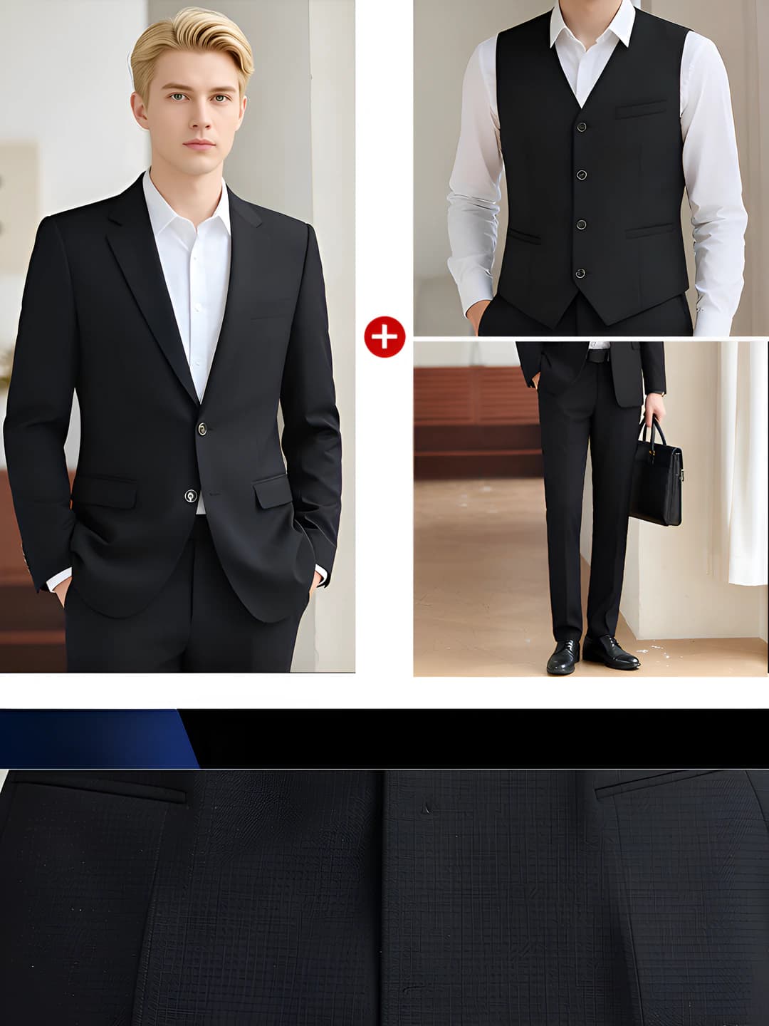 Erkak - Qora kostyum + gilet + shim