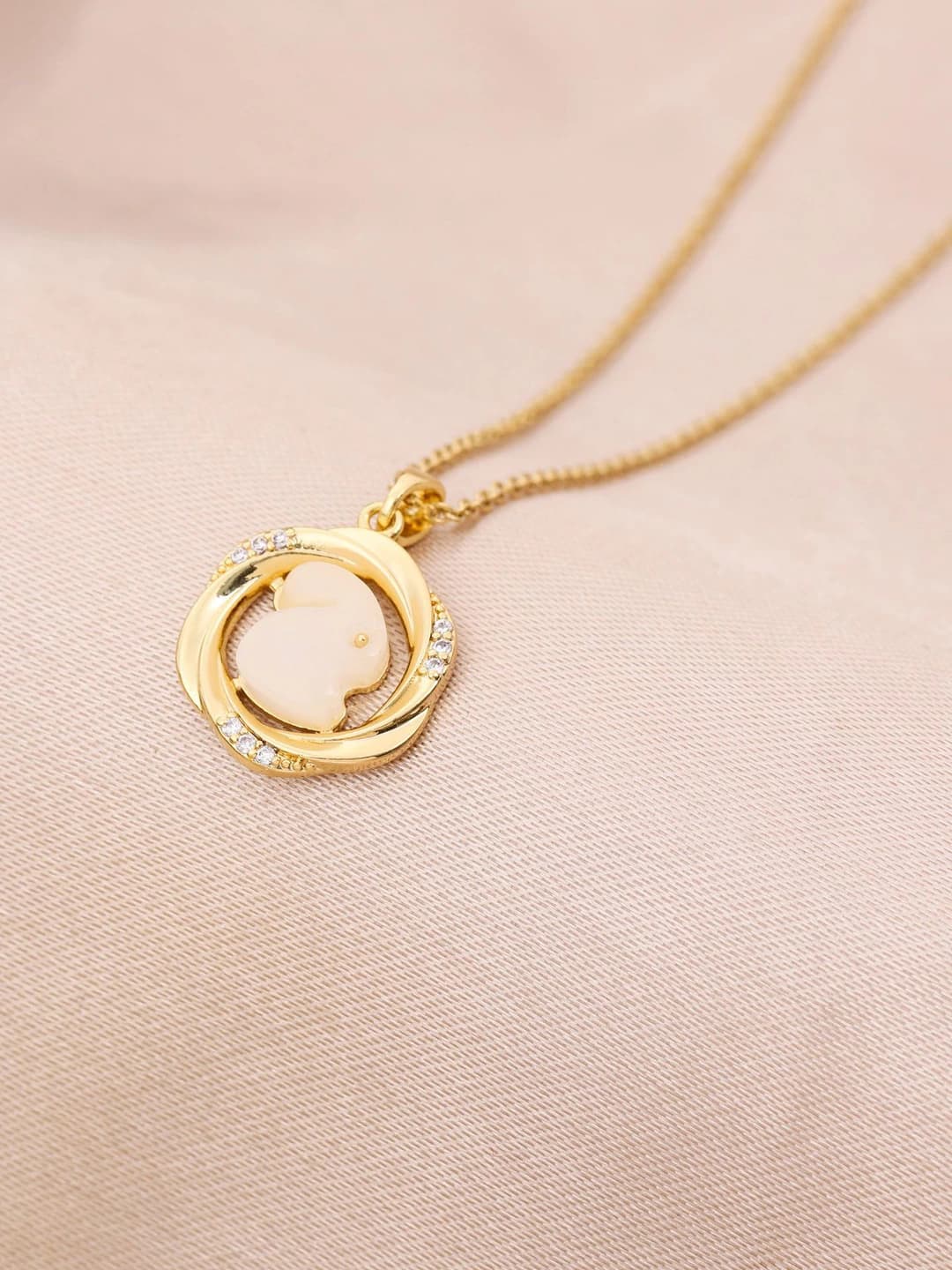 Women's short titanium steel necklace with natural Hetian jade and traditional zodiac rabbit pendant