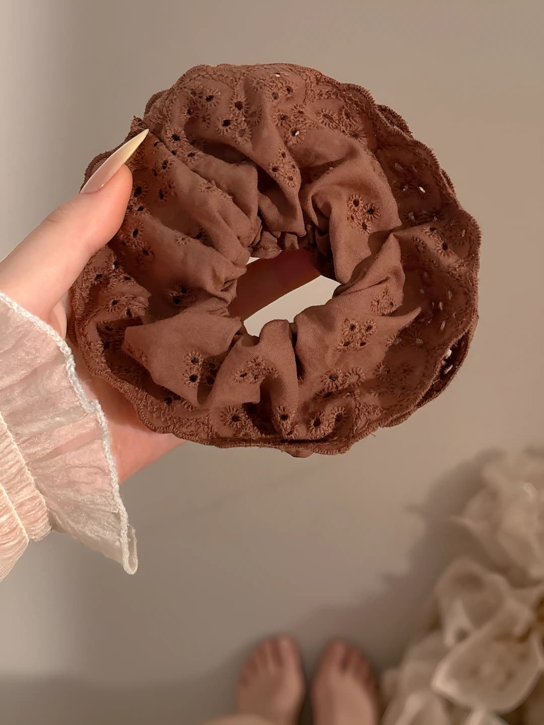 Coffee embroidery lace hair tie two layers 13 cm